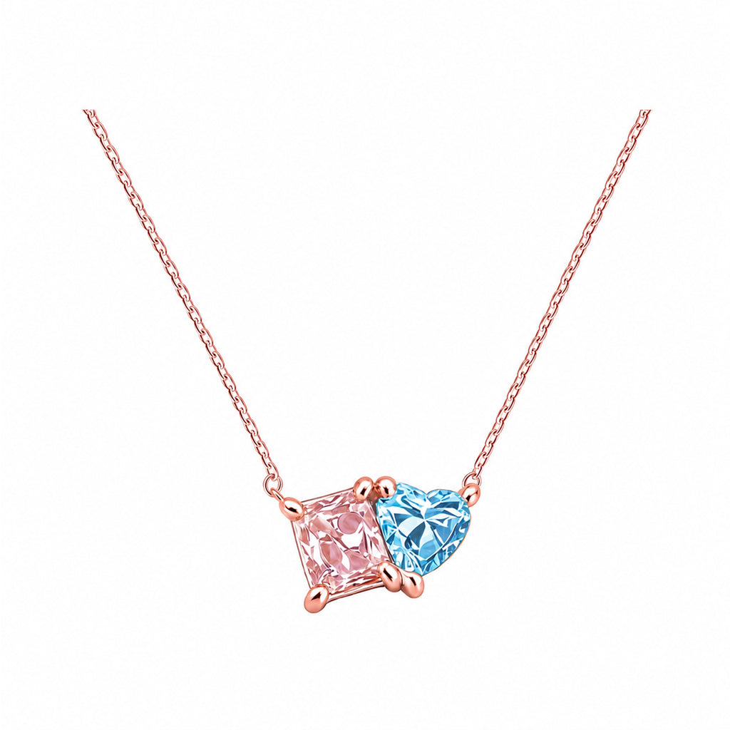 14K Gold Pink & Blue Lab-Grown Diamond Princess & Heart Toi et Moi Necklace