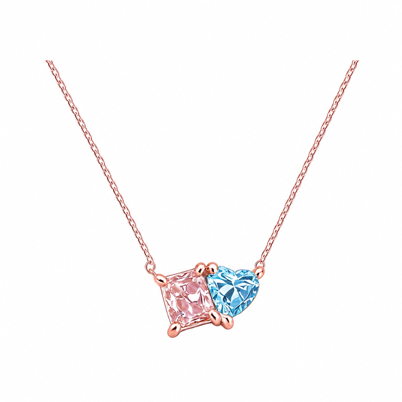 14K Gold Pink & Blue Lab-Grown Diamond Princess & Heart Toi et Moi Necklace
