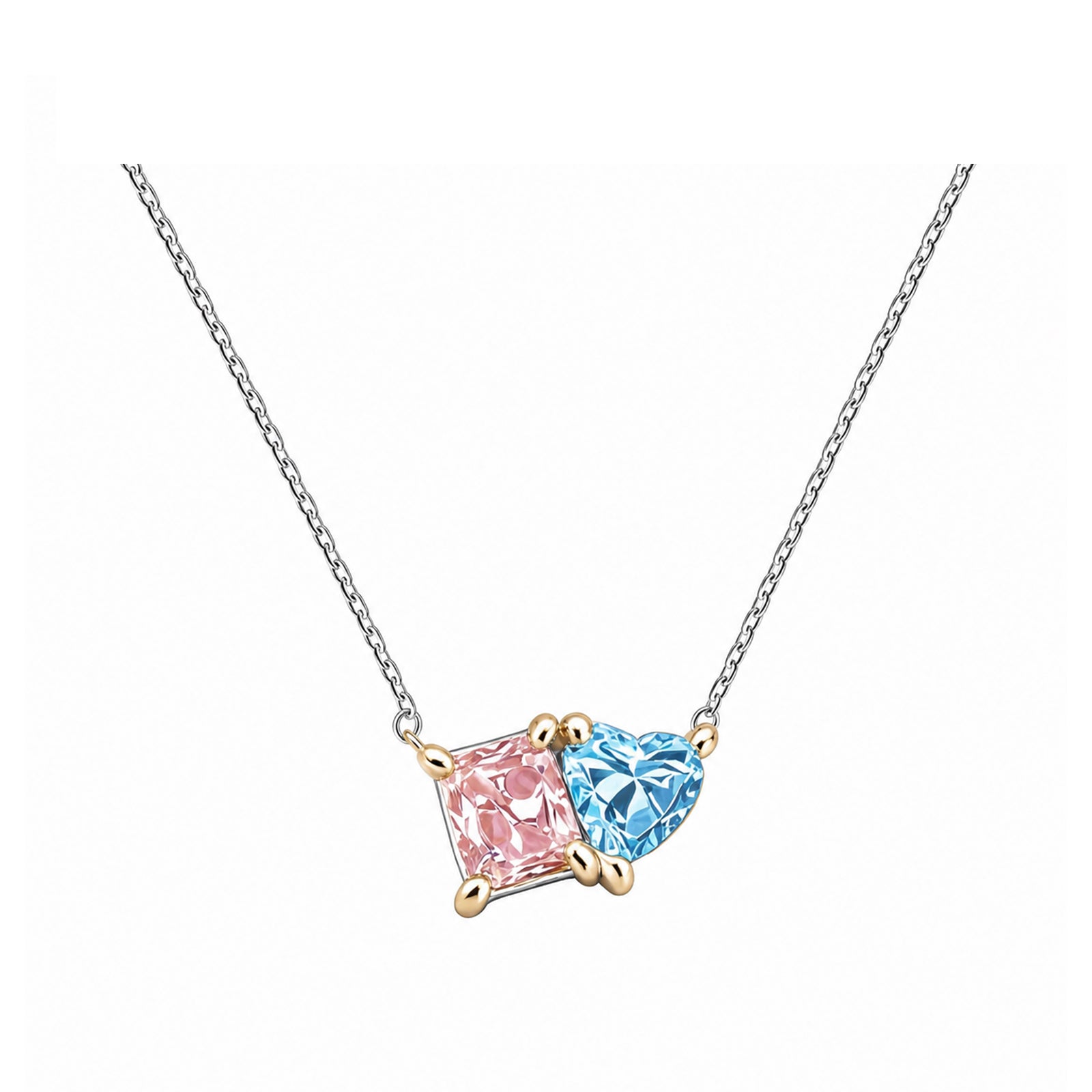 14K Gold Pink & Blue Lab-Grown Diamond Princess & Heart Toi et Moi Necklace