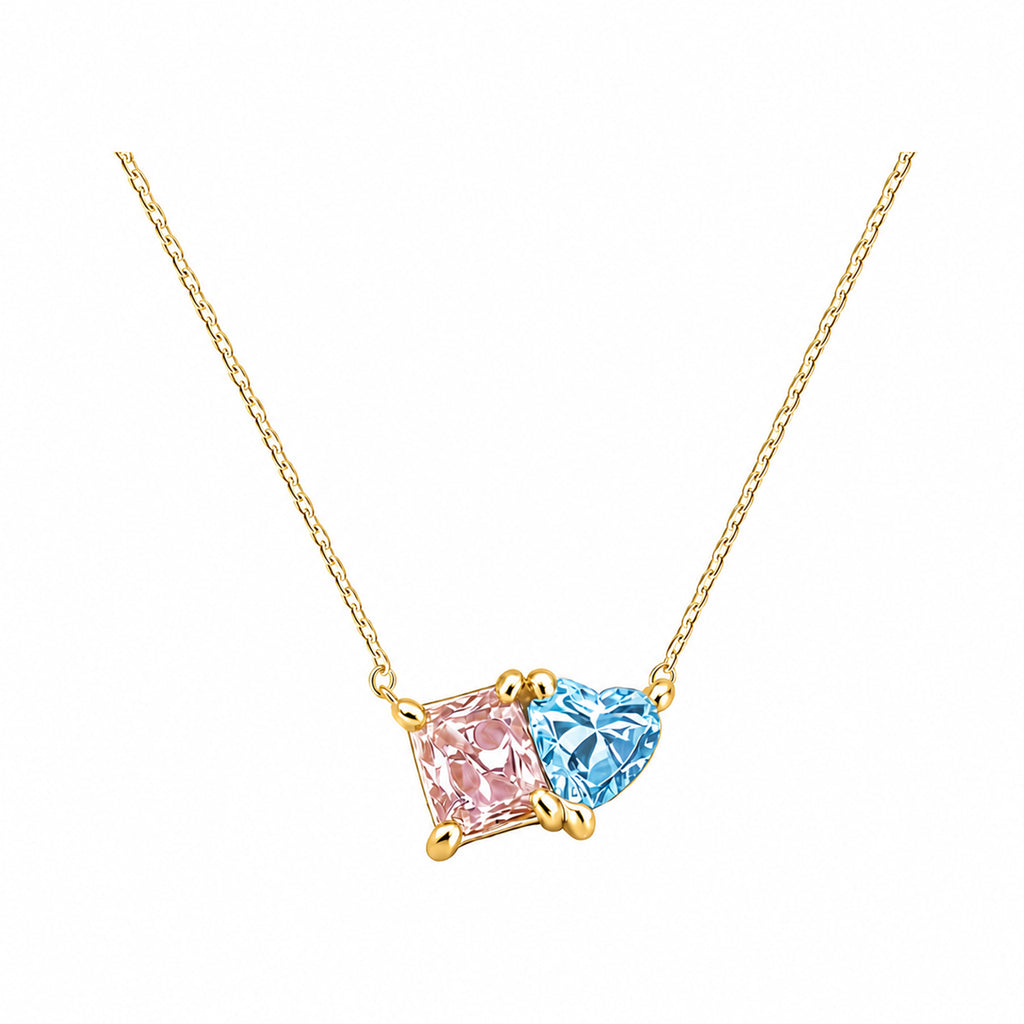 14K Gold Pink & Blue Lab-Grown Diamond Princess & Heart Toi et Moi Necklace
