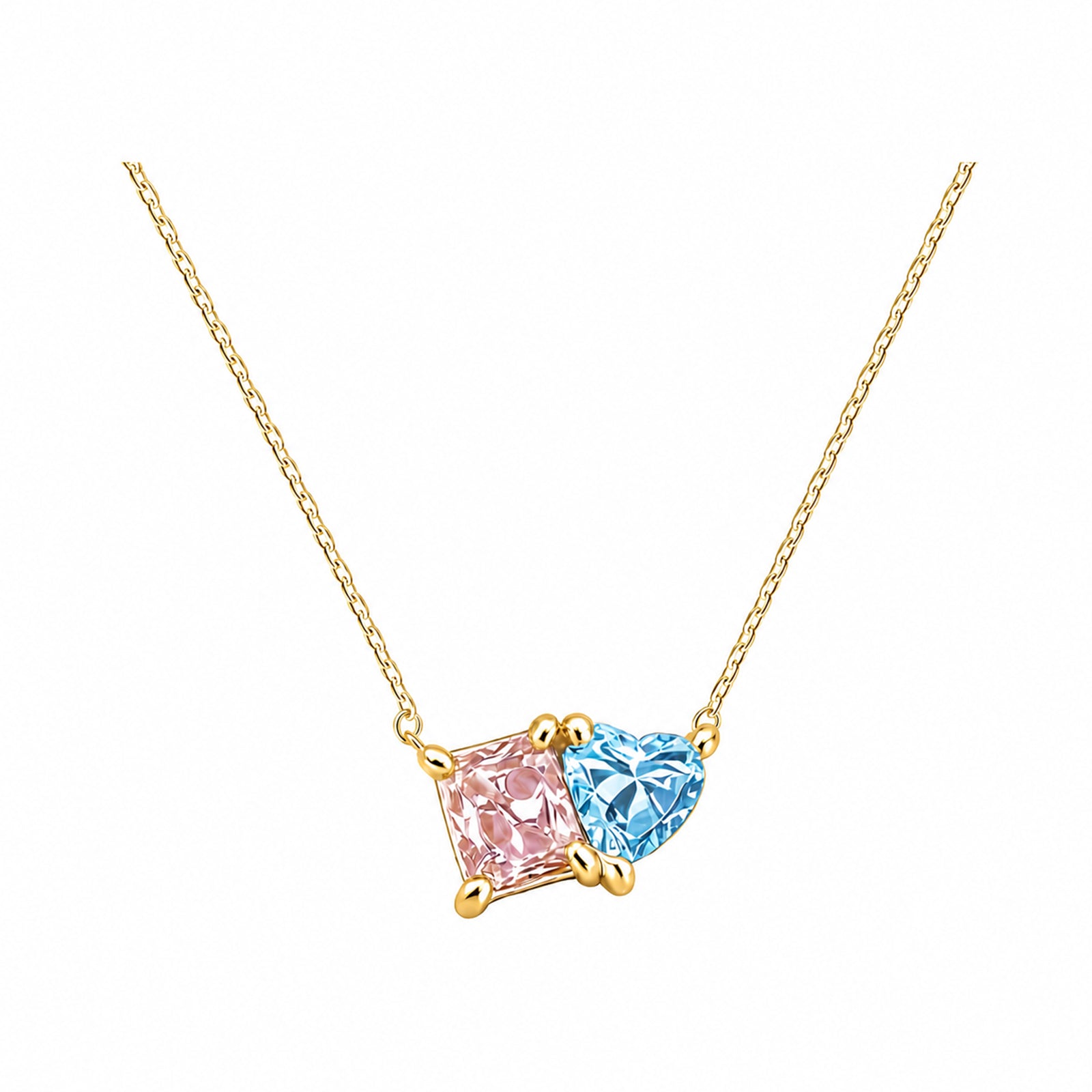 14K Gold Pink & Blue Lab-Grown Diamond Princess & Heart Toi et Moi Necklace