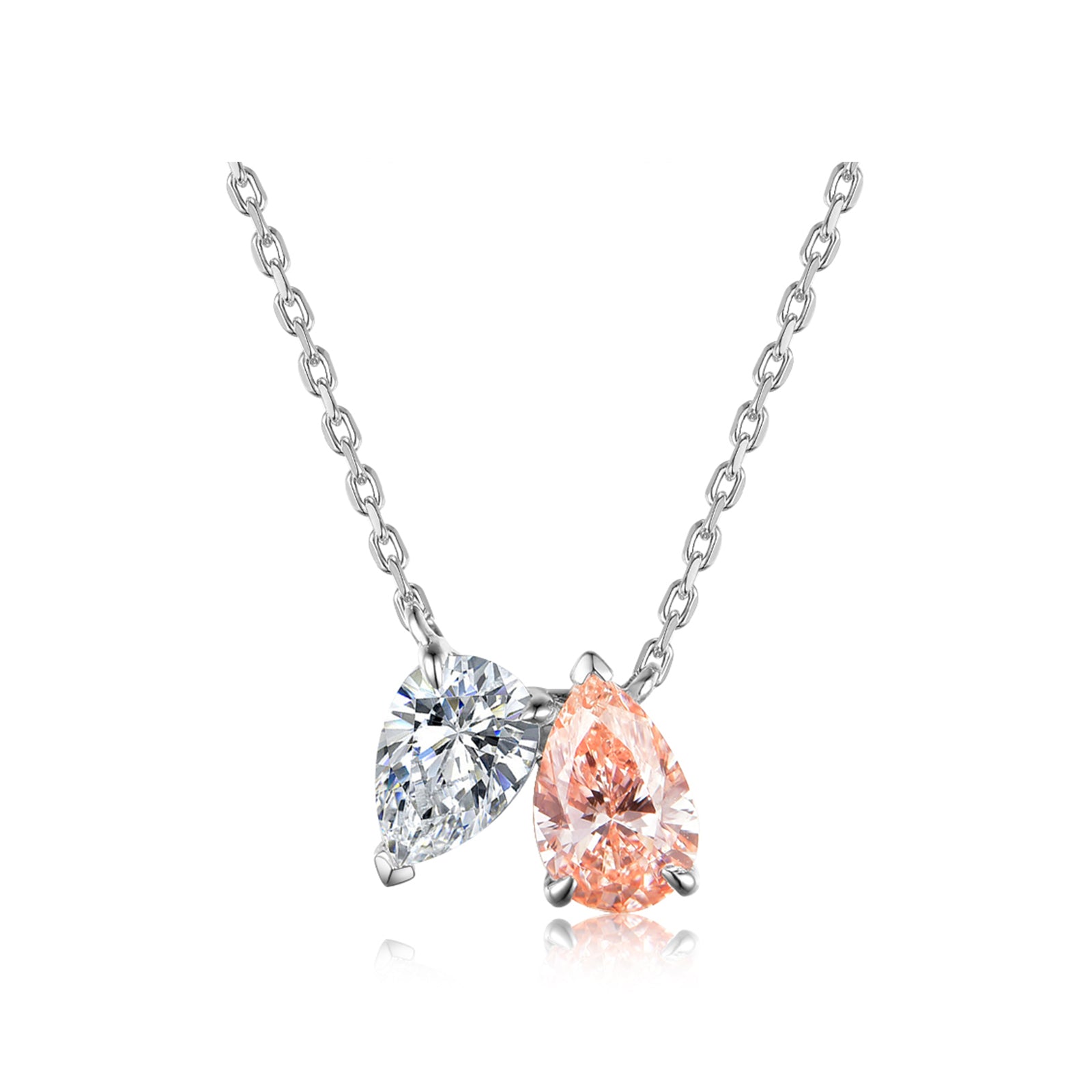 Romantic Toi et Moi Style Two-Stone Pink & White Pear Cut White Gold Diamond Pendant Necklace
