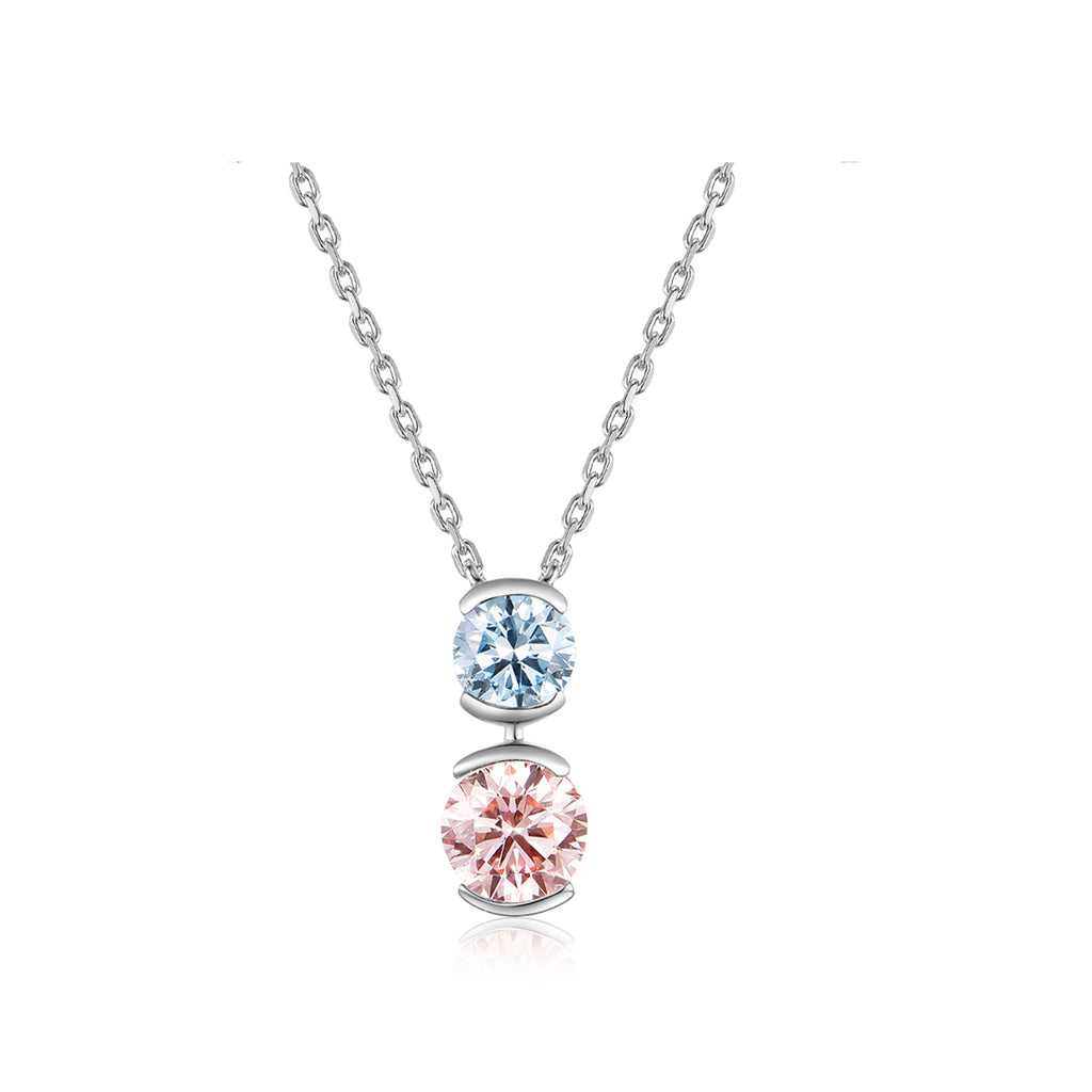 Modern Bar-Set Two-Stone Blue & White Round Cut White Gold Diamond Pendant Necklace