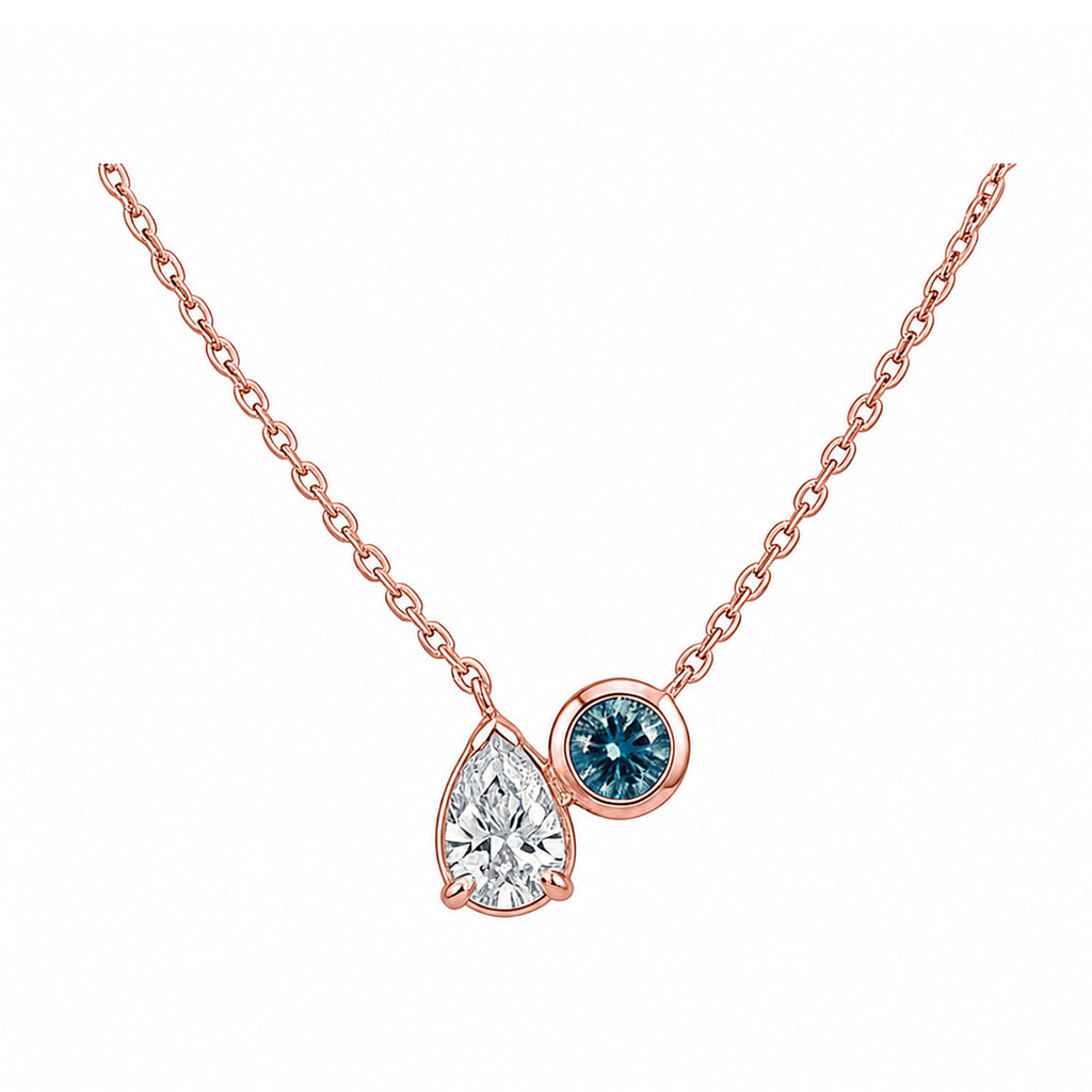 14K Gold Pear White Diamond & Round Blue Lab-Grown Diamond Bezel Duo Necklace