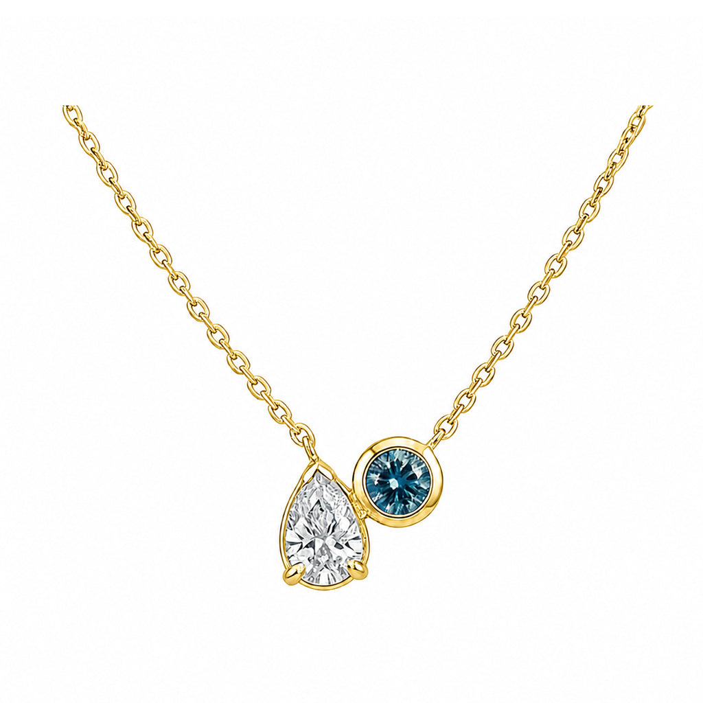 14K Gold Pear White Diamond & Round Blue Lab-Grown Diamond Bezel Duo Necklace