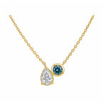 14K Gold Pear White Diamond & Round Blue Lab-Grown Diamond Bezel Duo Necklace