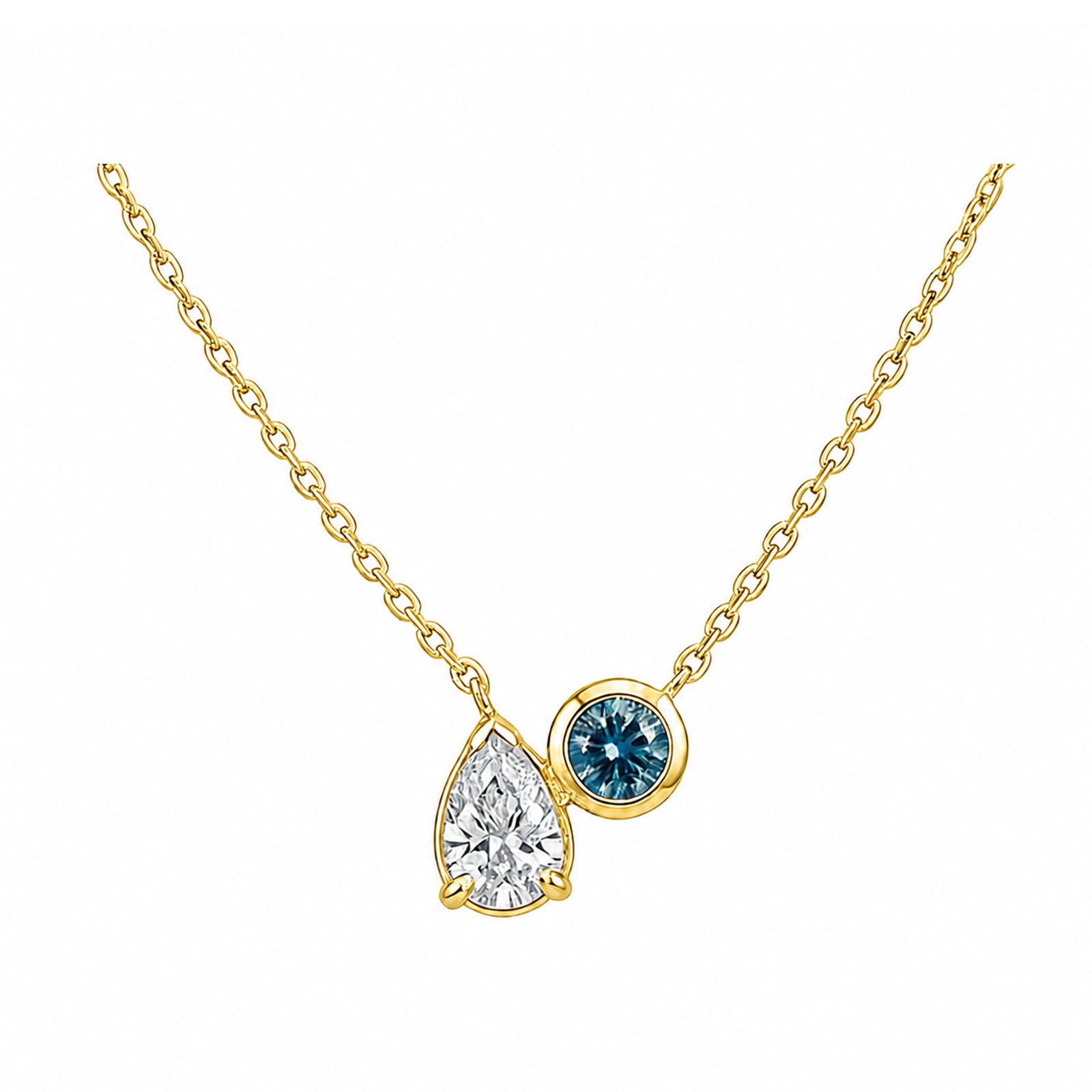 14K Gold Pear White Diamond & Round Blue Lab-Grown Diamond Bezel Duo Necklace