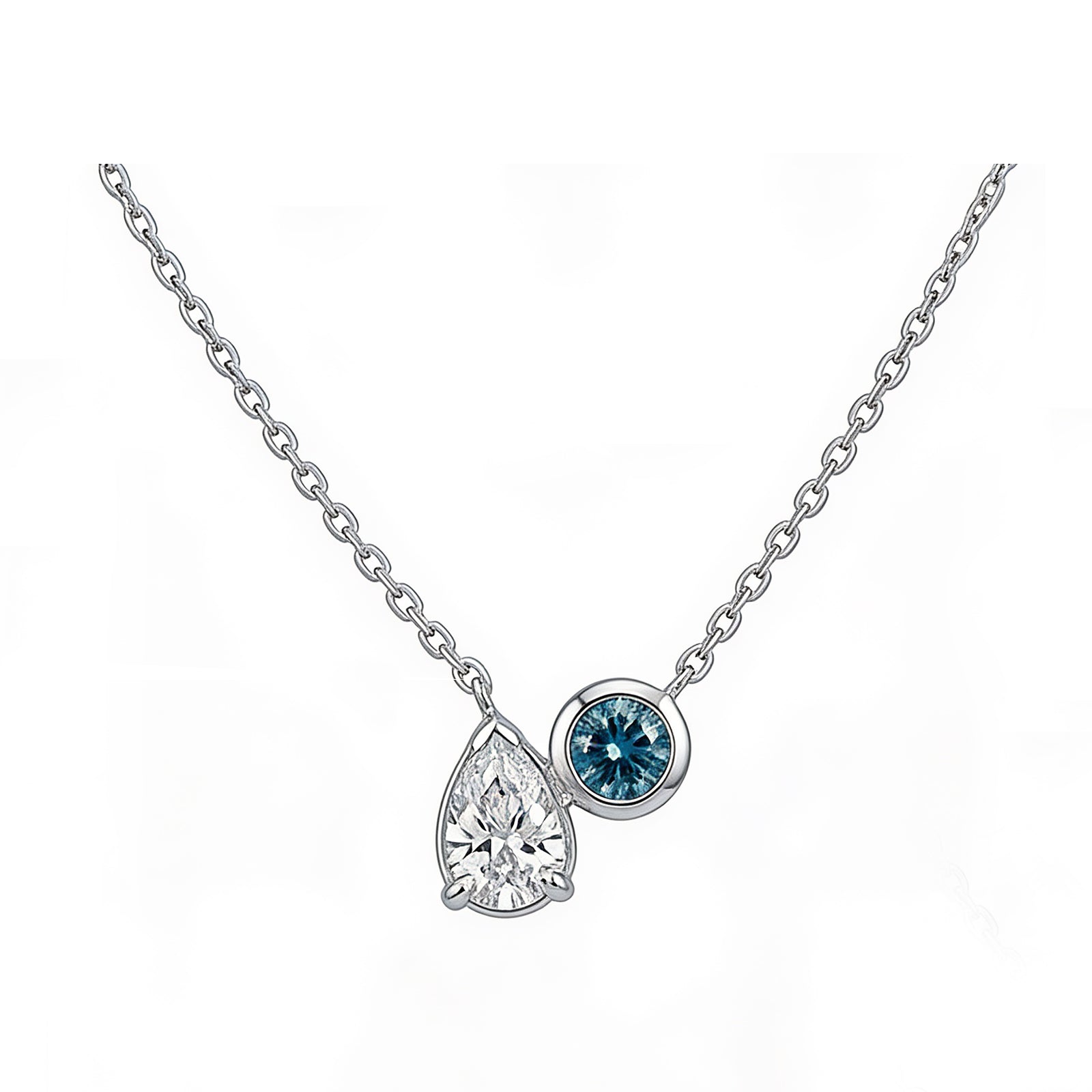 14K Gold Pear White Diamond & Round Blue Lab-Grown Diamond Bezel Duo Necklace