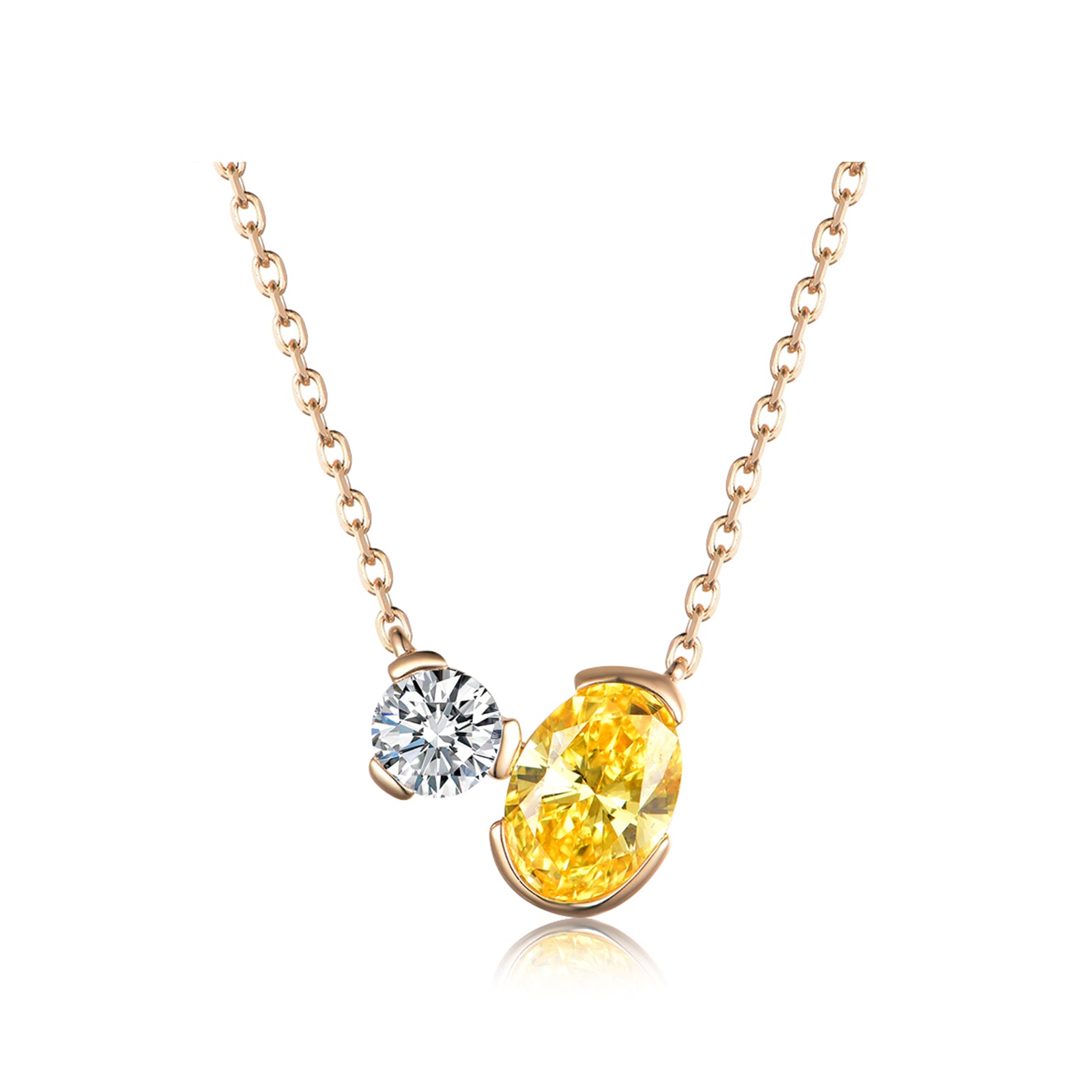 Toi et Moi Style Two-Stone Oval Yellow & Round White Diamond Rose Gold Pendant Necklace