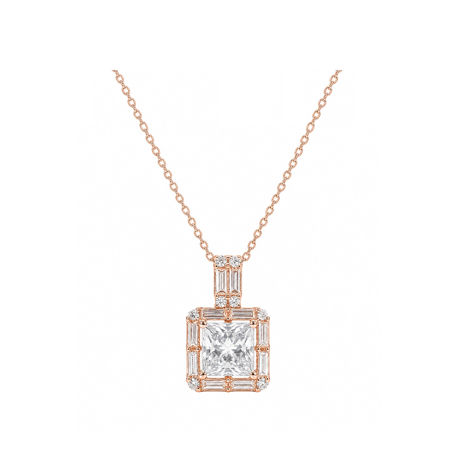 14k White Gold Square Pendant with Baguette Frame and Decorative Bail