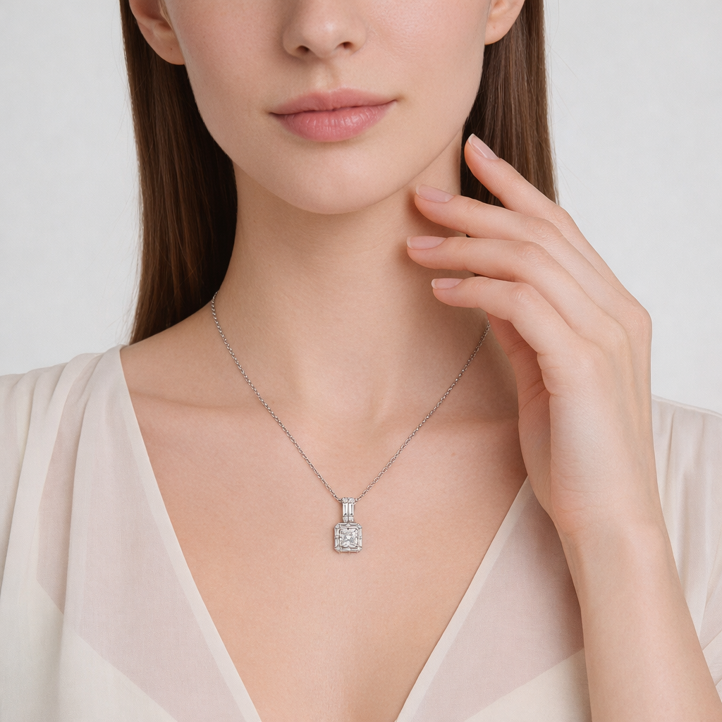 14k White Gold Square Pendant with Baguette Frame and Decorative Bail