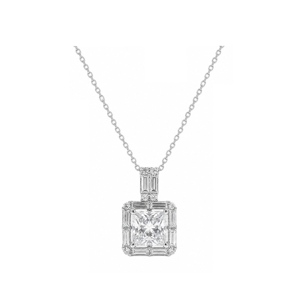14k White Gold Square Pendant with Baguette Frame and Decorative Bail