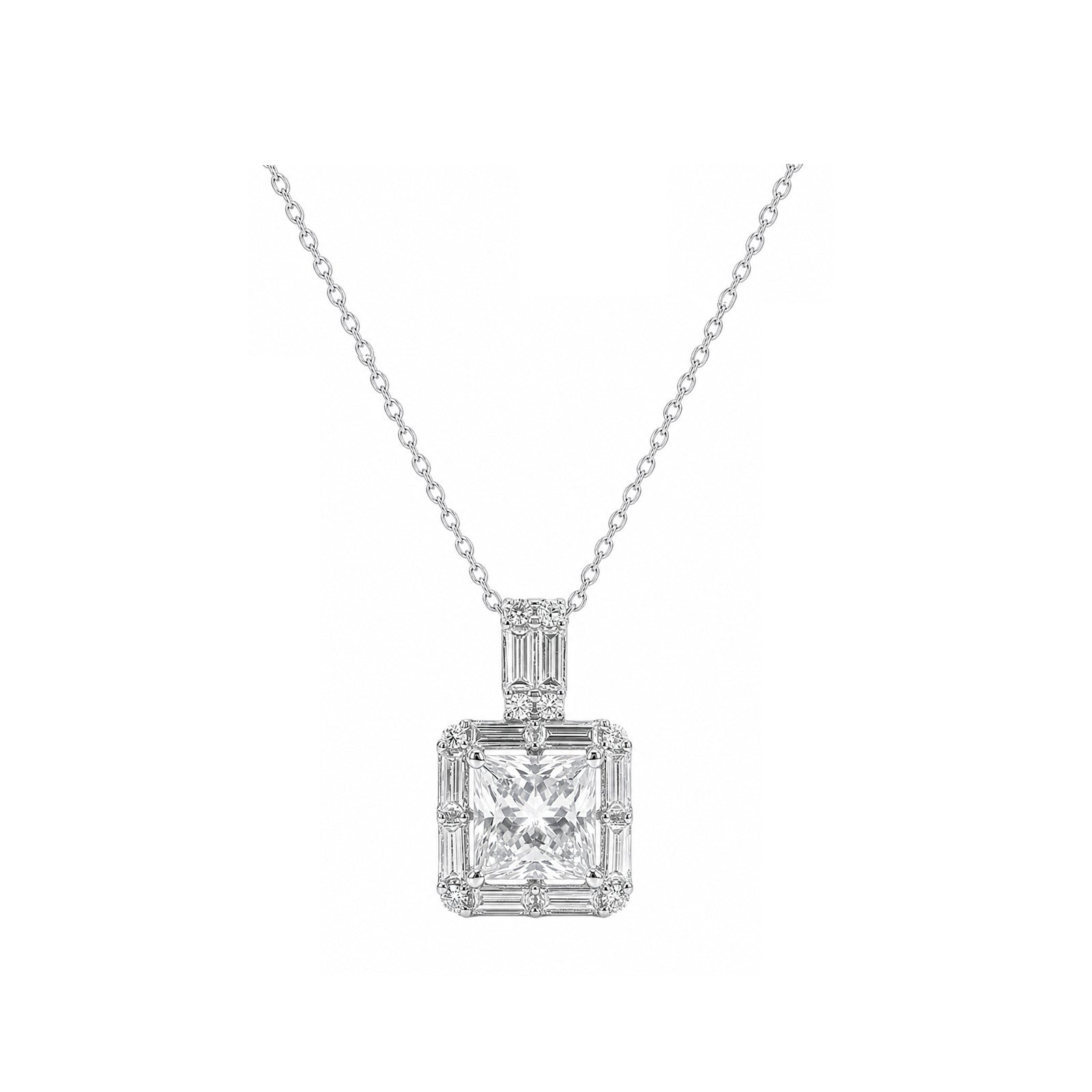 14k White Gold Square Pendant with Baguette Frame and Decorative Bail