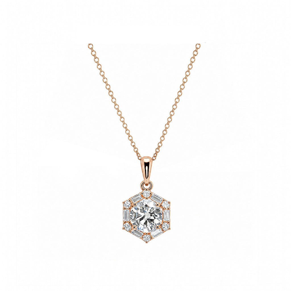 Vintage Symmetry Hexagon Halo Round Diamond Necklace