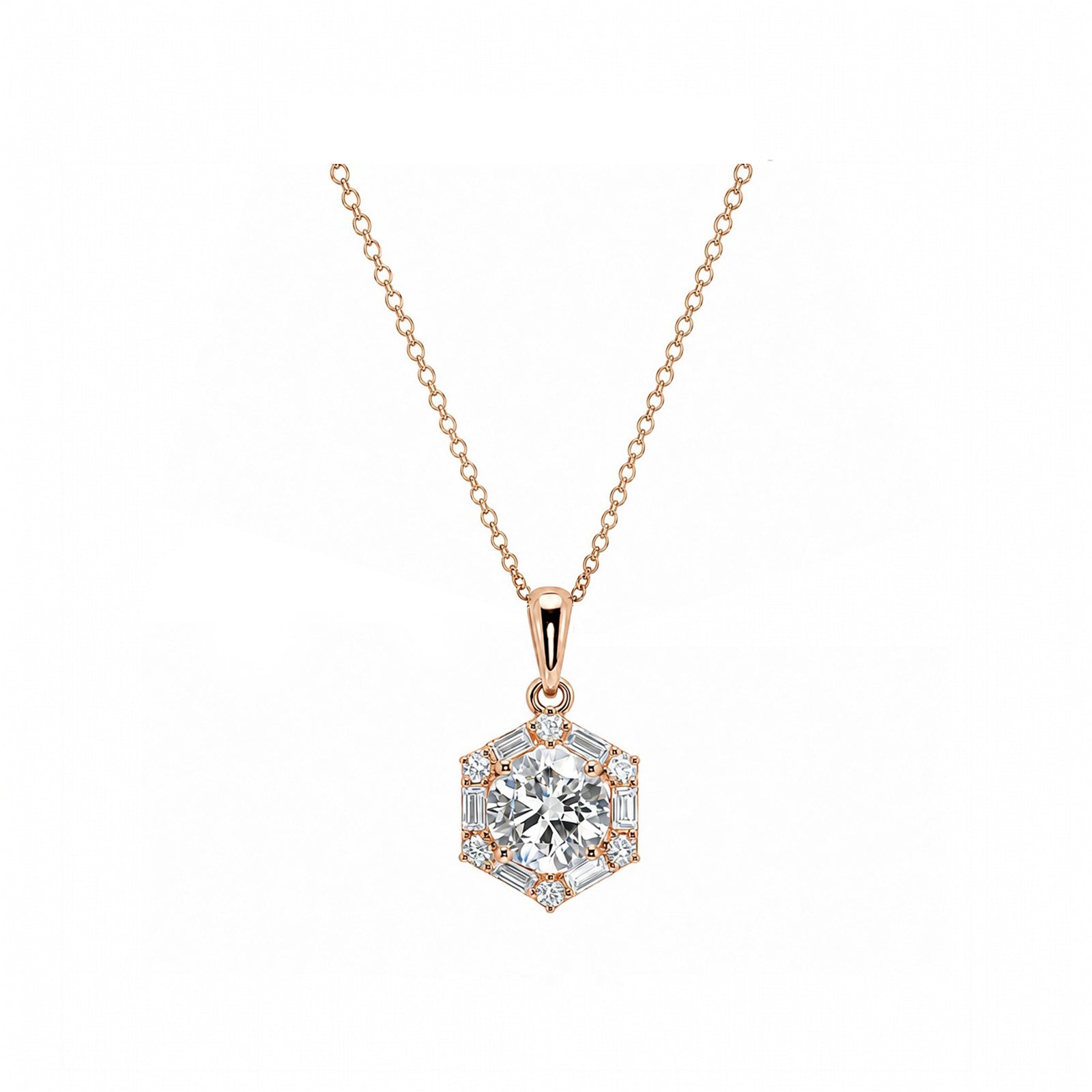 Vintage Symmetry Hexagon Halo Round Diamond Necklace