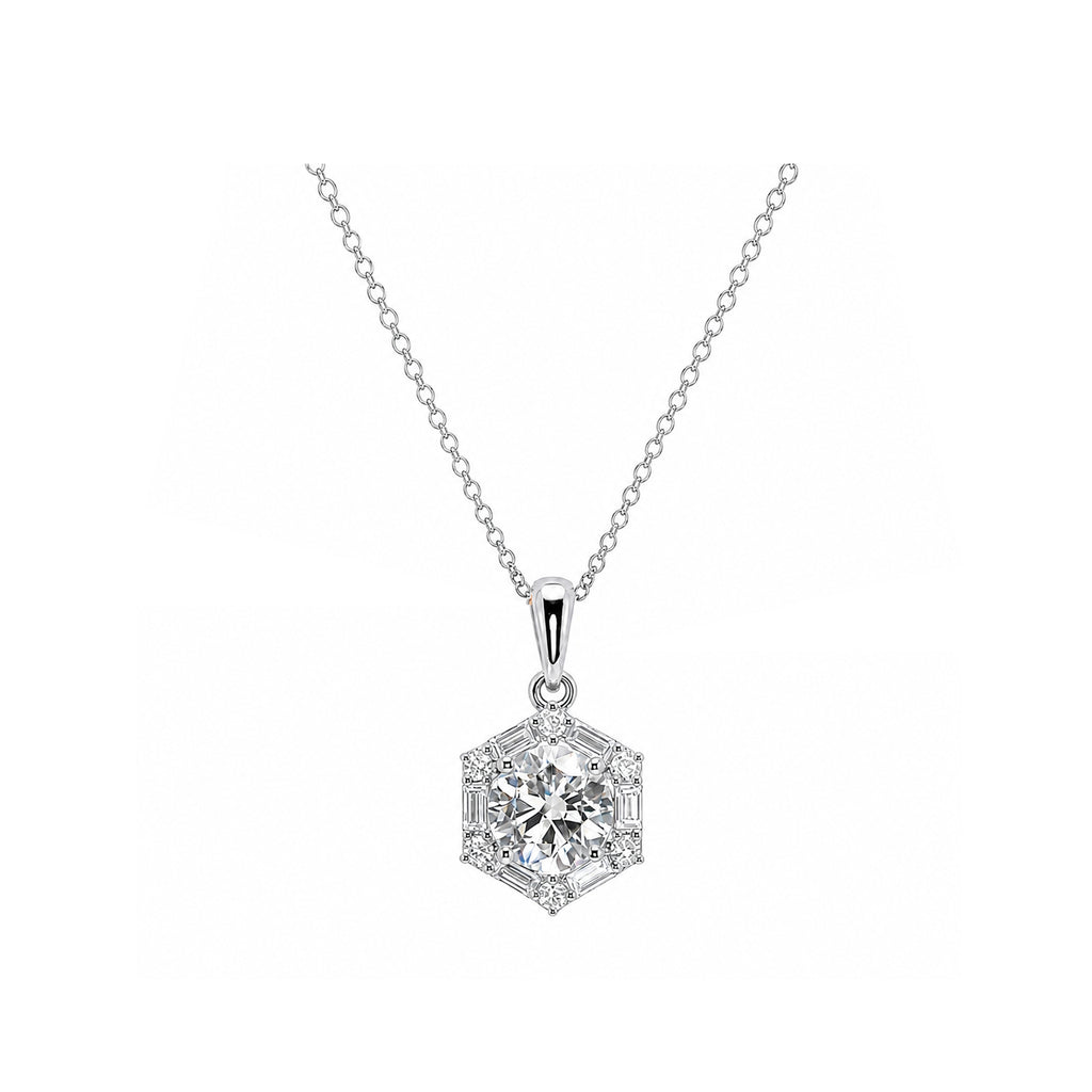 Vintage Symmetry Hexagon Halo Round Diamond Necklace