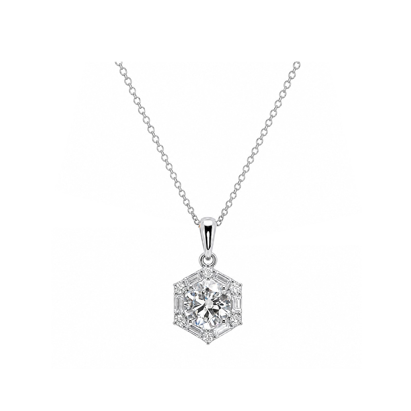 Vintage Symmetry Hexagon Halo Round Diamond Necklace