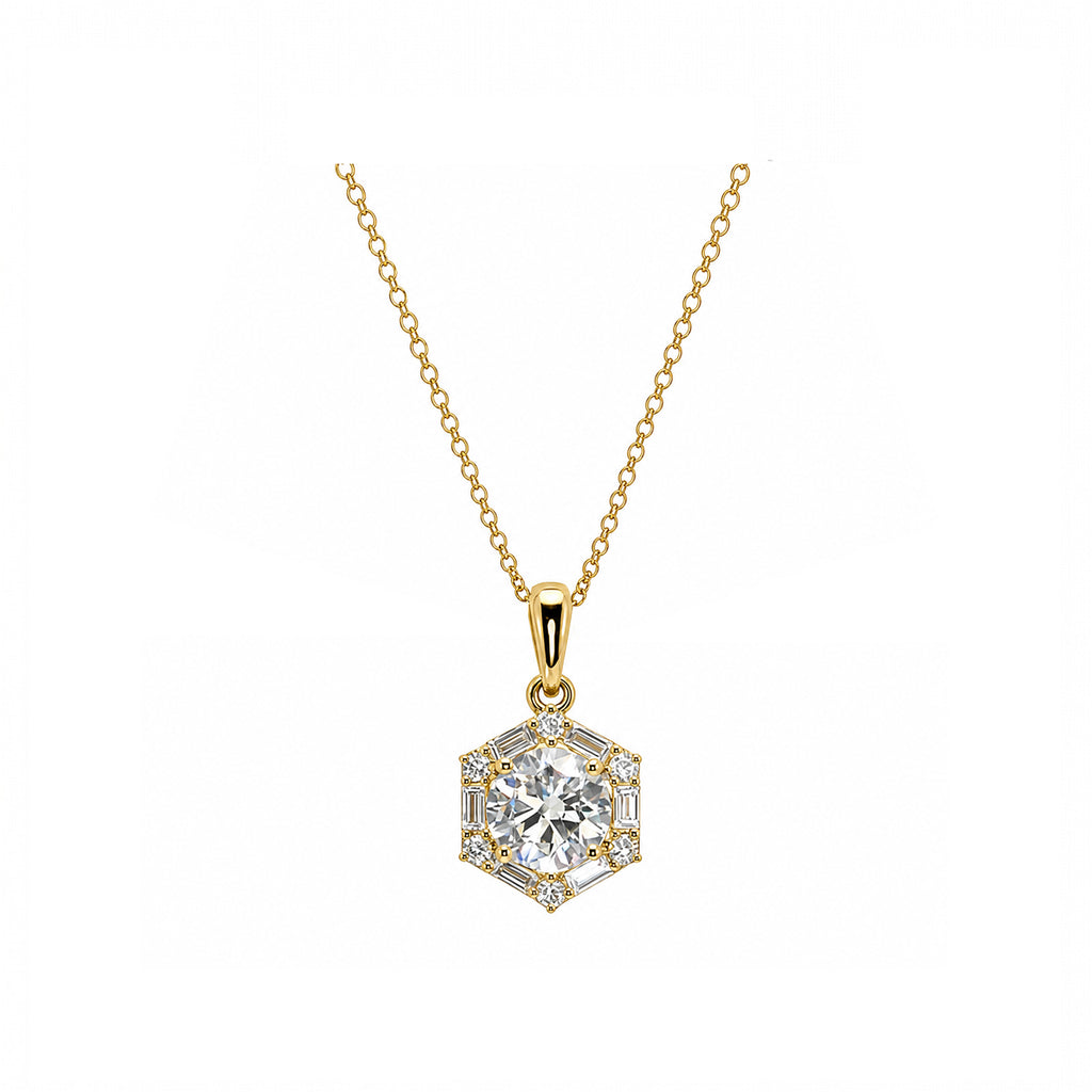 Vintage Symmetry Hexagon Halo Round Diamond Necklace