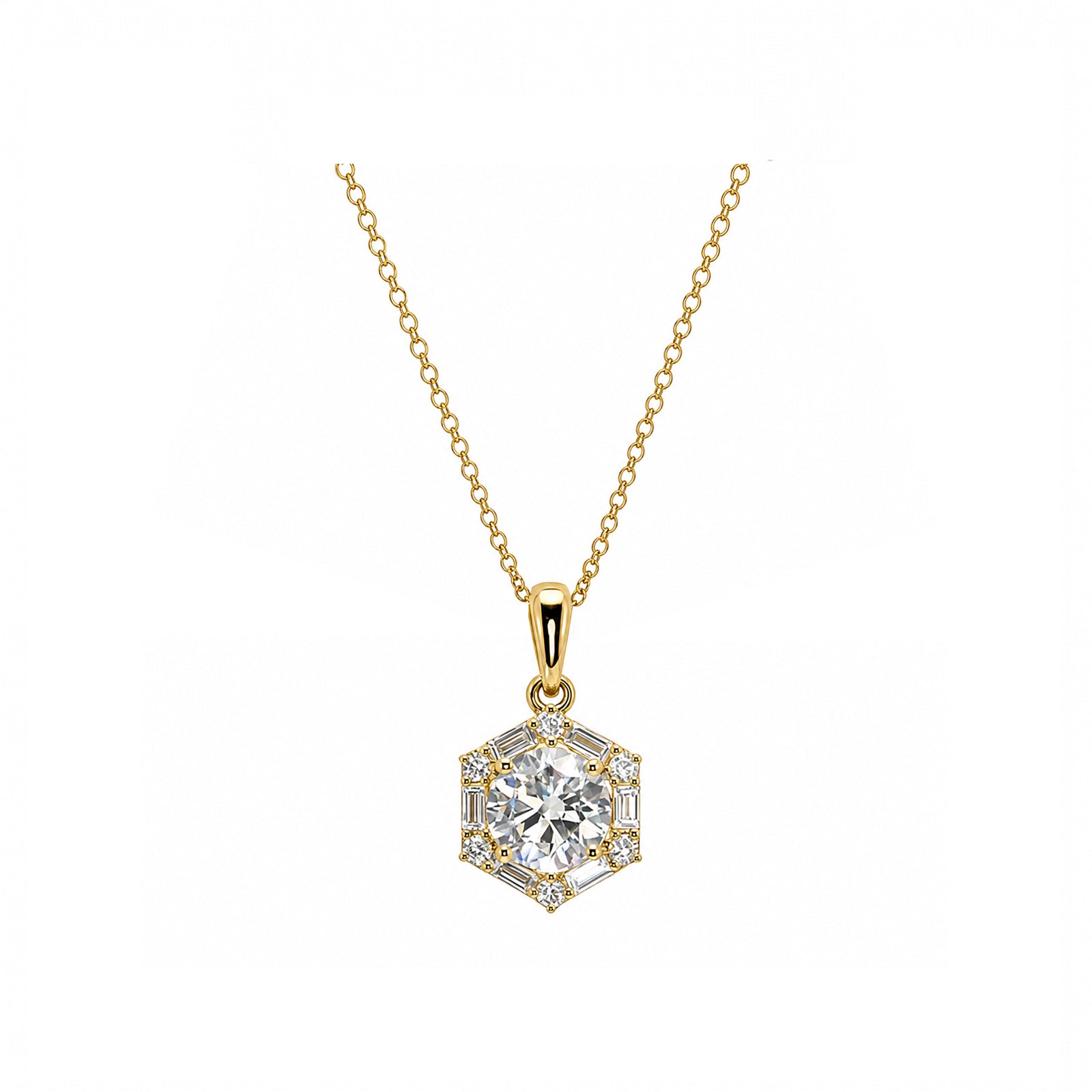 Vintage Symmetry Hexagon Halo Round Diamond Necklace
