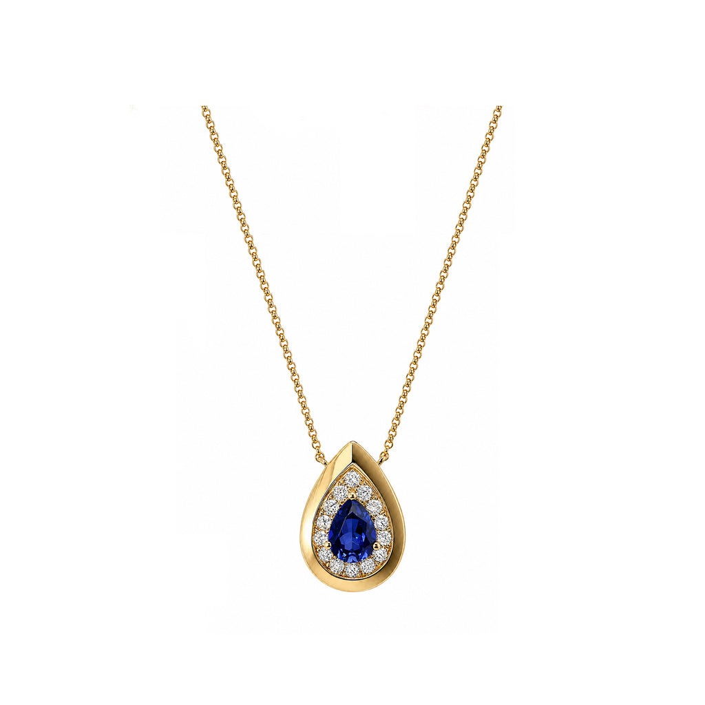 14K Royal Blue Teardrop Halo Pendant Necklace