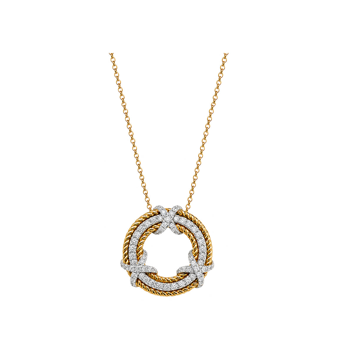 Two-Tone Mixed Metal Circle Necklace - Gold Rope & Silver Pavé Pendant