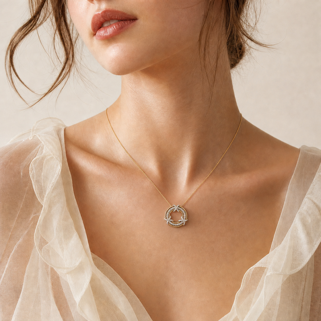 Two-Tone Mixed Metal Circle Necklace - Gold Rope & Silver Pavé Pendant