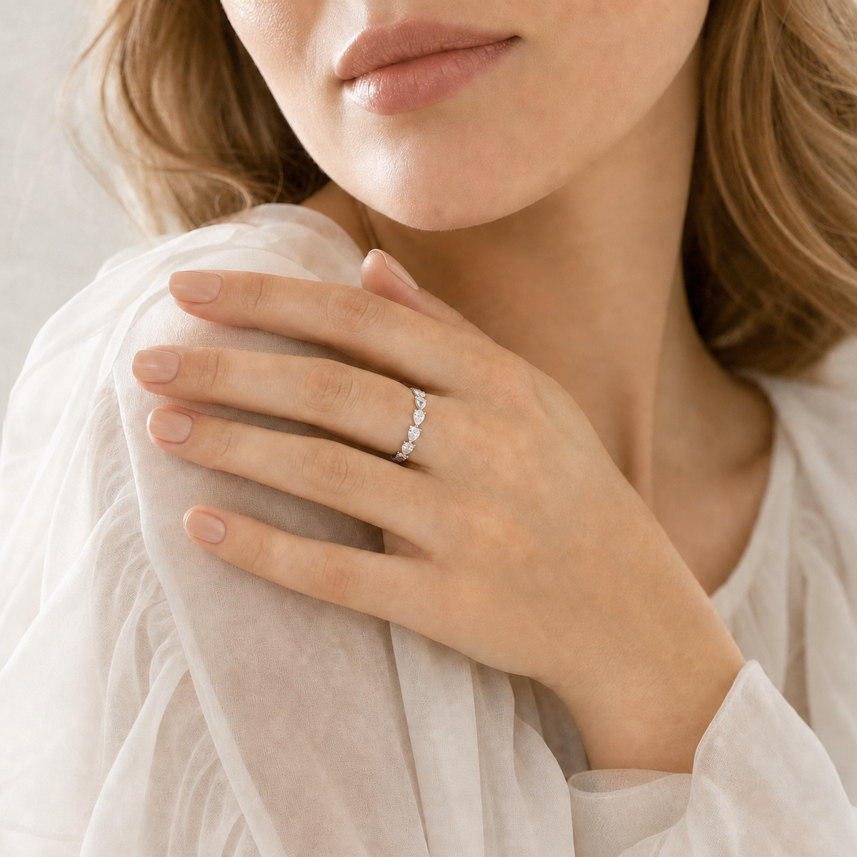 14K White Gold Plated Pear Cut lab-diamond Eternity Band, Full Stackable Ring