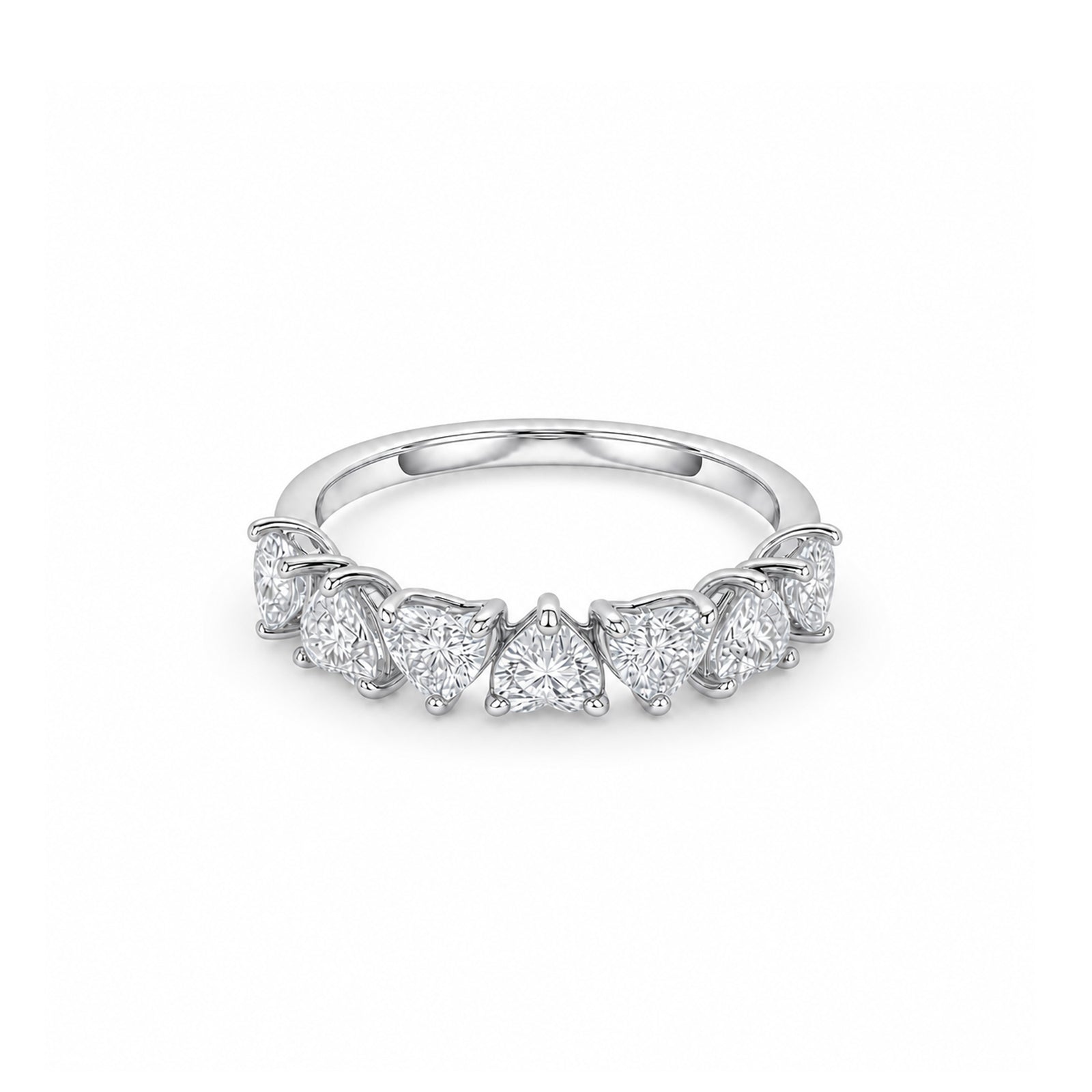 14K White Gold Plated Heart Cut Lab-diamond Half Eternity Band, Stackable Ring