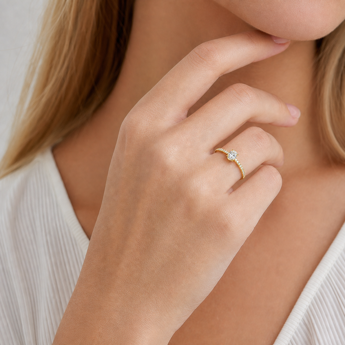 Minimalist 14K White Gold Oval Lab-Grown Diamond Pave Ring
