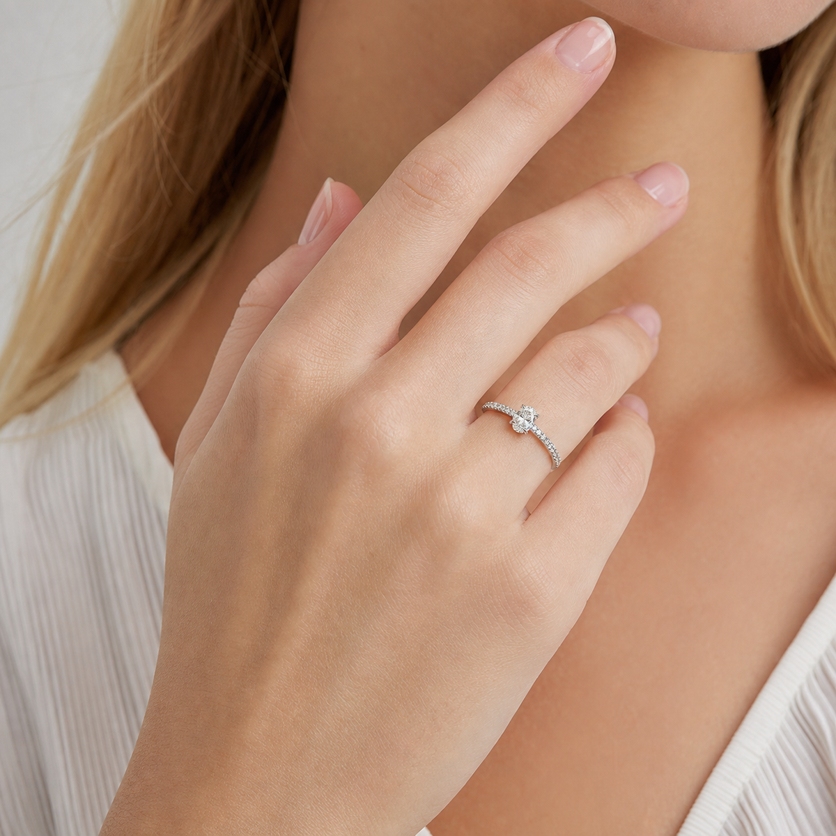 Minimalist 14K White Gold Oval Lab-Grown Diamond Pave Ring