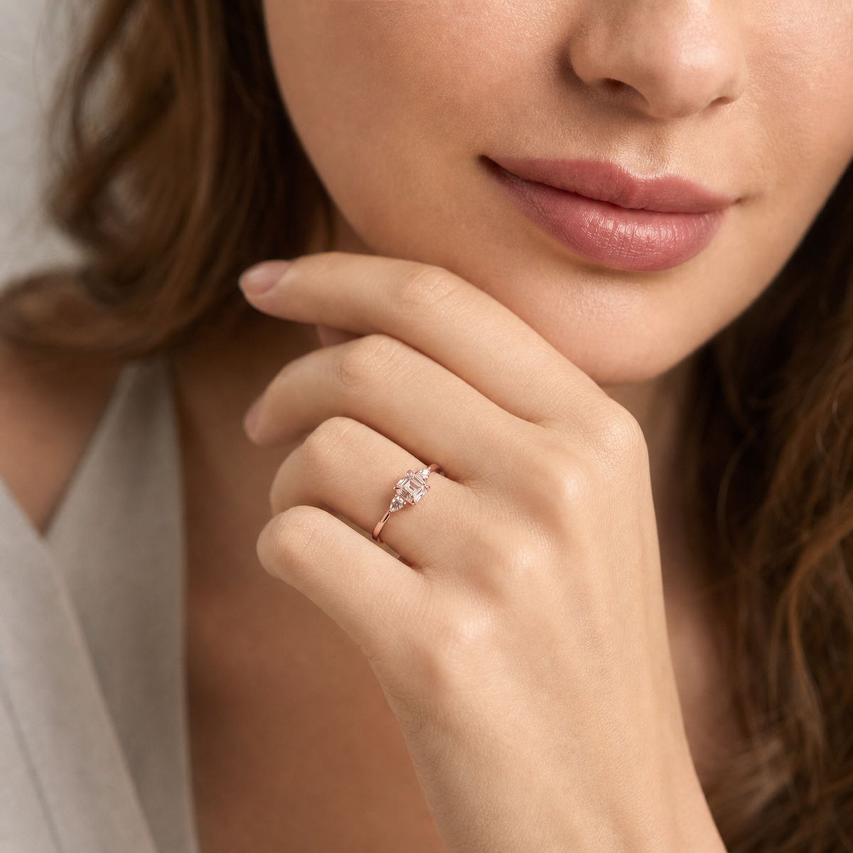 14K Yellow Gold Square-Shaped Lab-Grown Diamond Side-Stone Ring