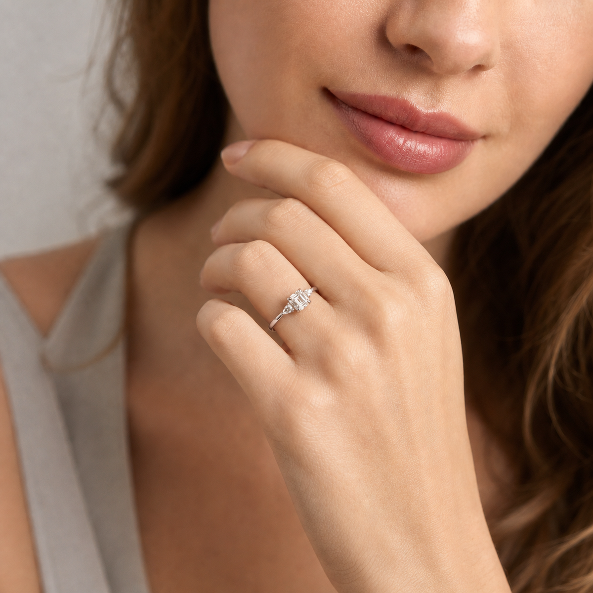 14K Yellow Gold Square-Shaped Lab-Grown Diamond Side-Stone Ring