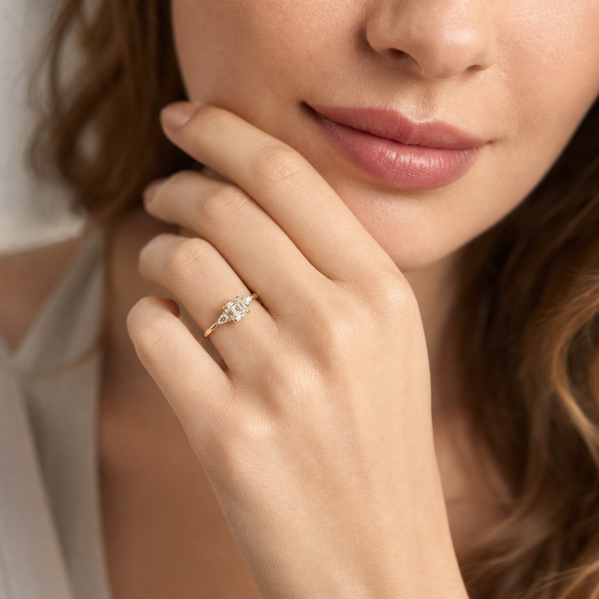 14K Yellow Gold Square-Shaped Lab-Grown Diamond Side-Stone Ring