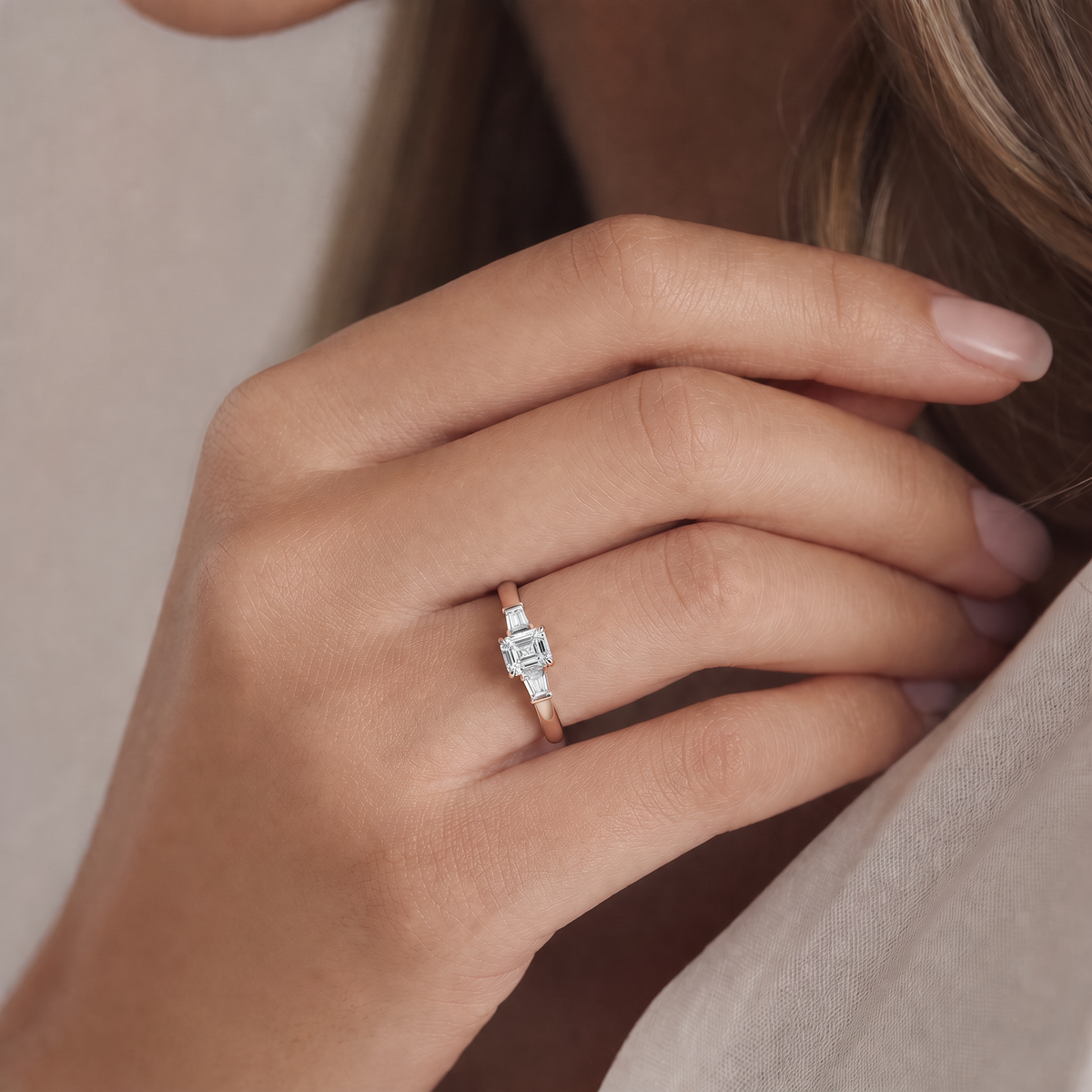 14K White Gold Square-Shaped Lab-Grown Diamond Side-Stone Three-Stone Ring