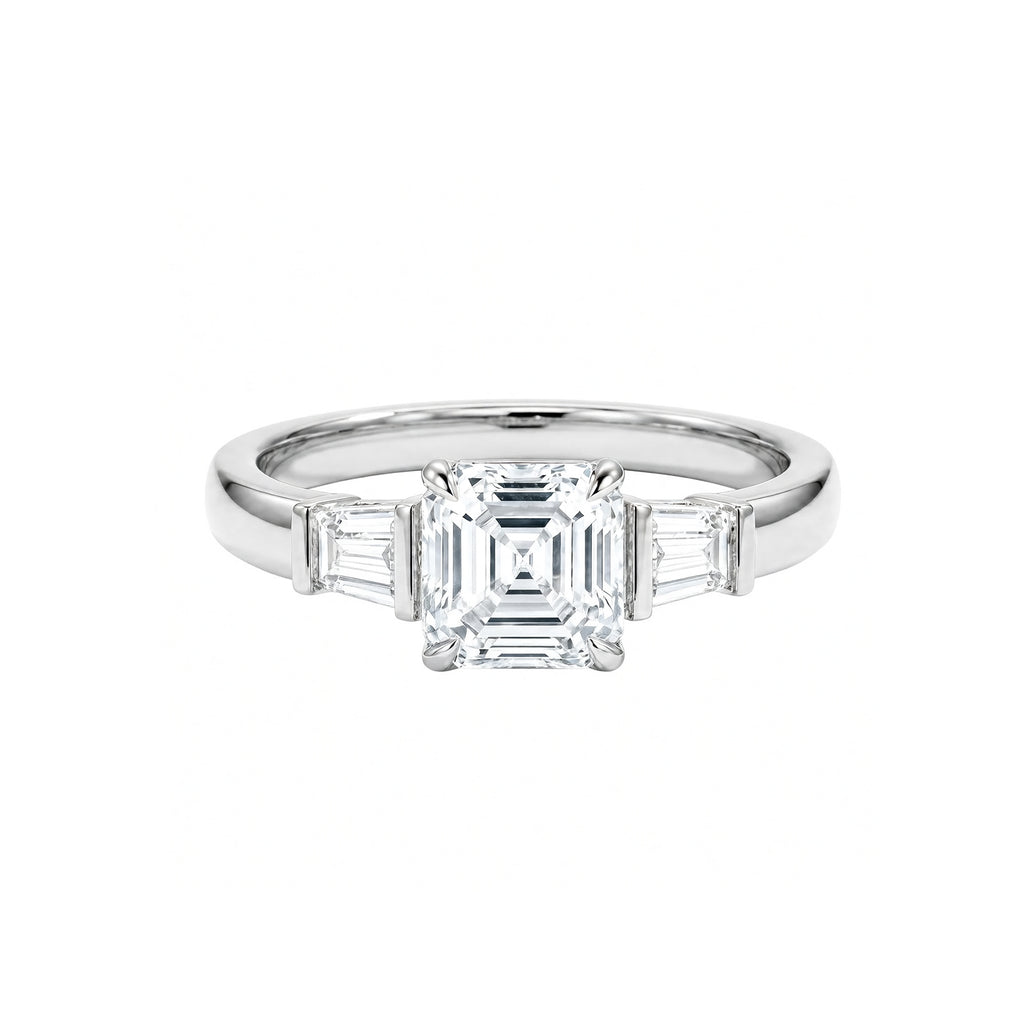 14K White Gold Square-Shaped Lab-Grown Diamond Side-Stone Three-Stone Ring