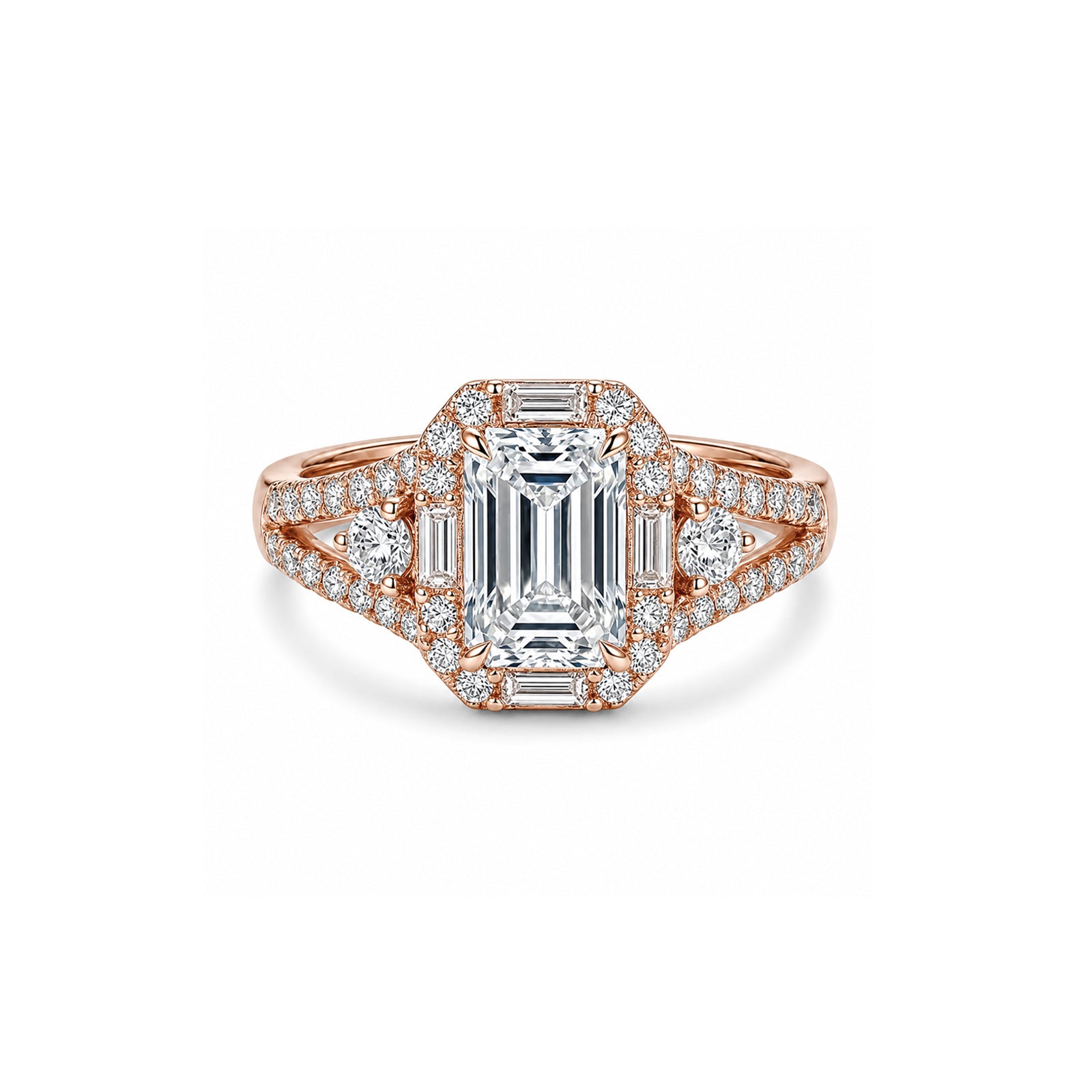 14K Gold Square-Cut Lab-Grown Diamond Pave Side-Stone Ring