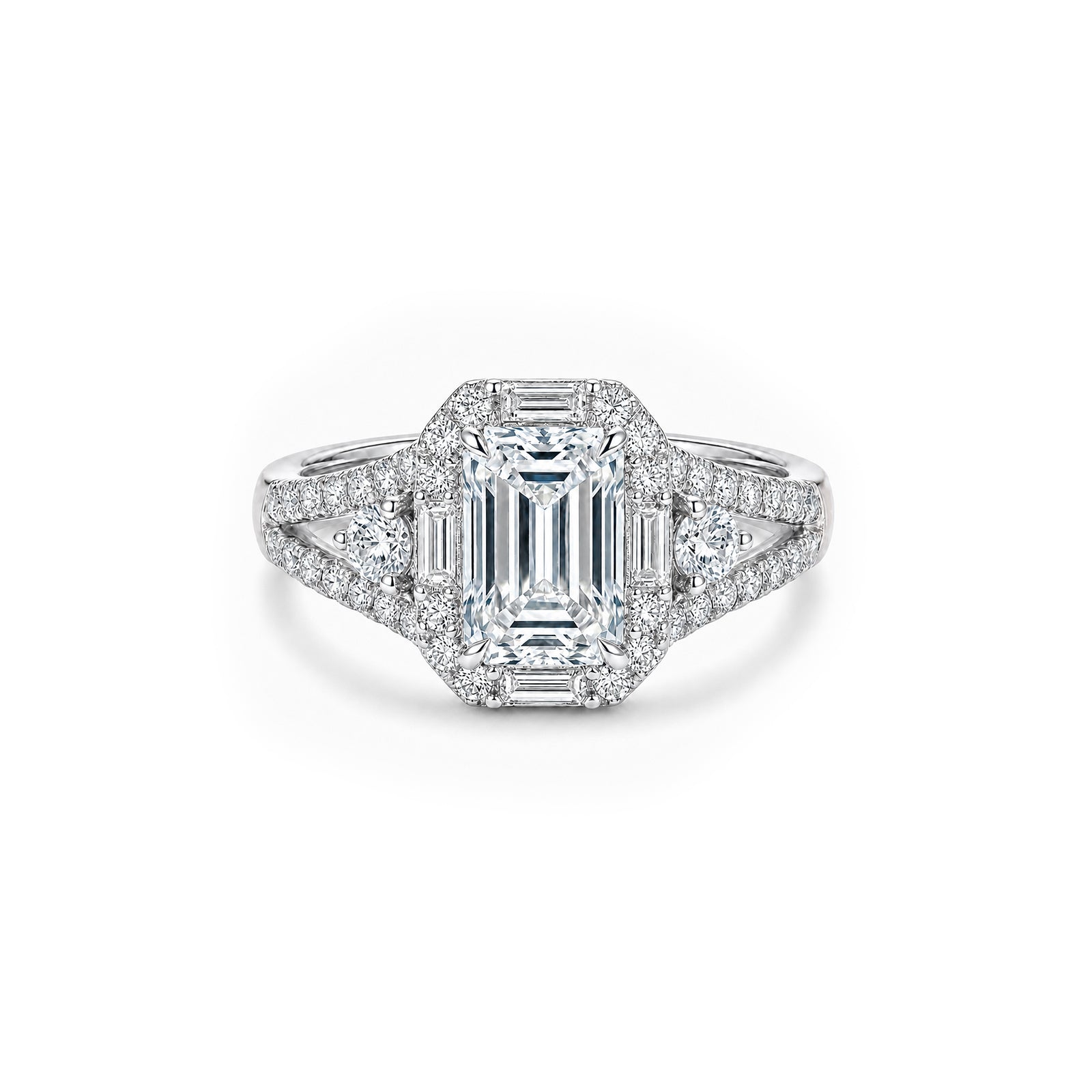 14K Gold Square-Cut Lab-Grown Diamond Pave Side-Stone Ring