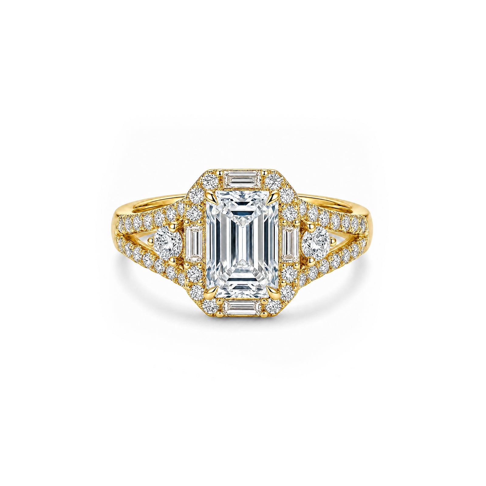 14K Gold Square-Cut Lab-Grown Diamond Pave Side-Stone Ring