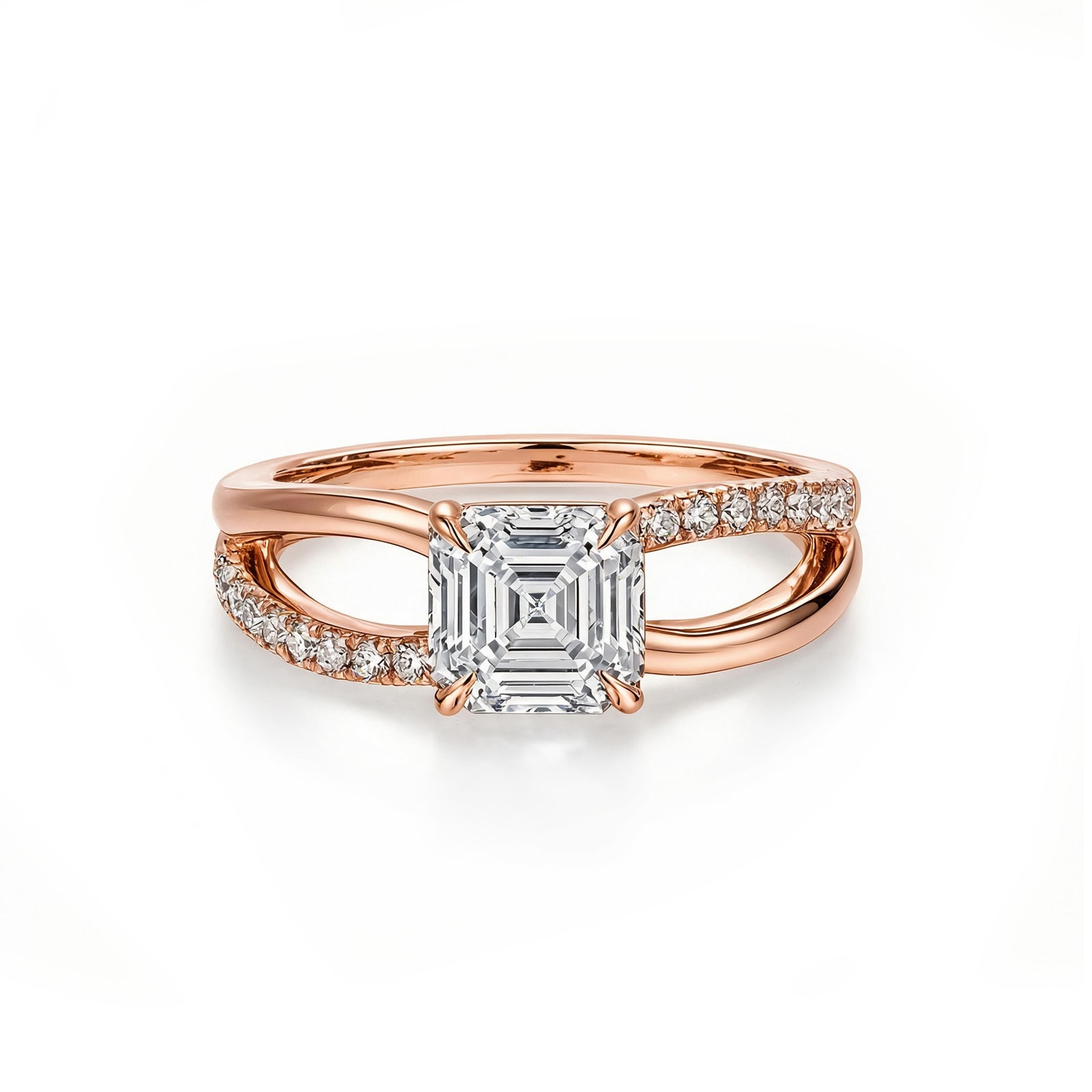 14K White Gold Emerald-Cut Lab-Grown Diamond Pave Double Band Ring