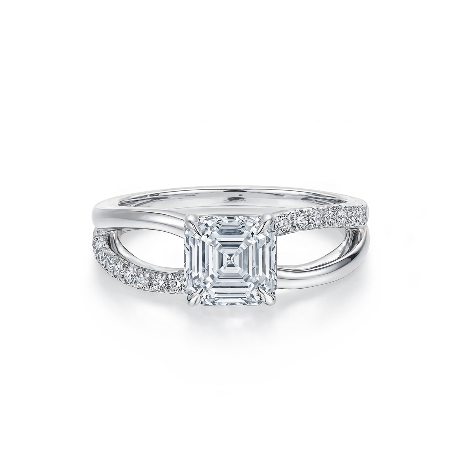 14K White Gold Emerald-Cut Lab-Grown Diamond Pave Double Band Ring