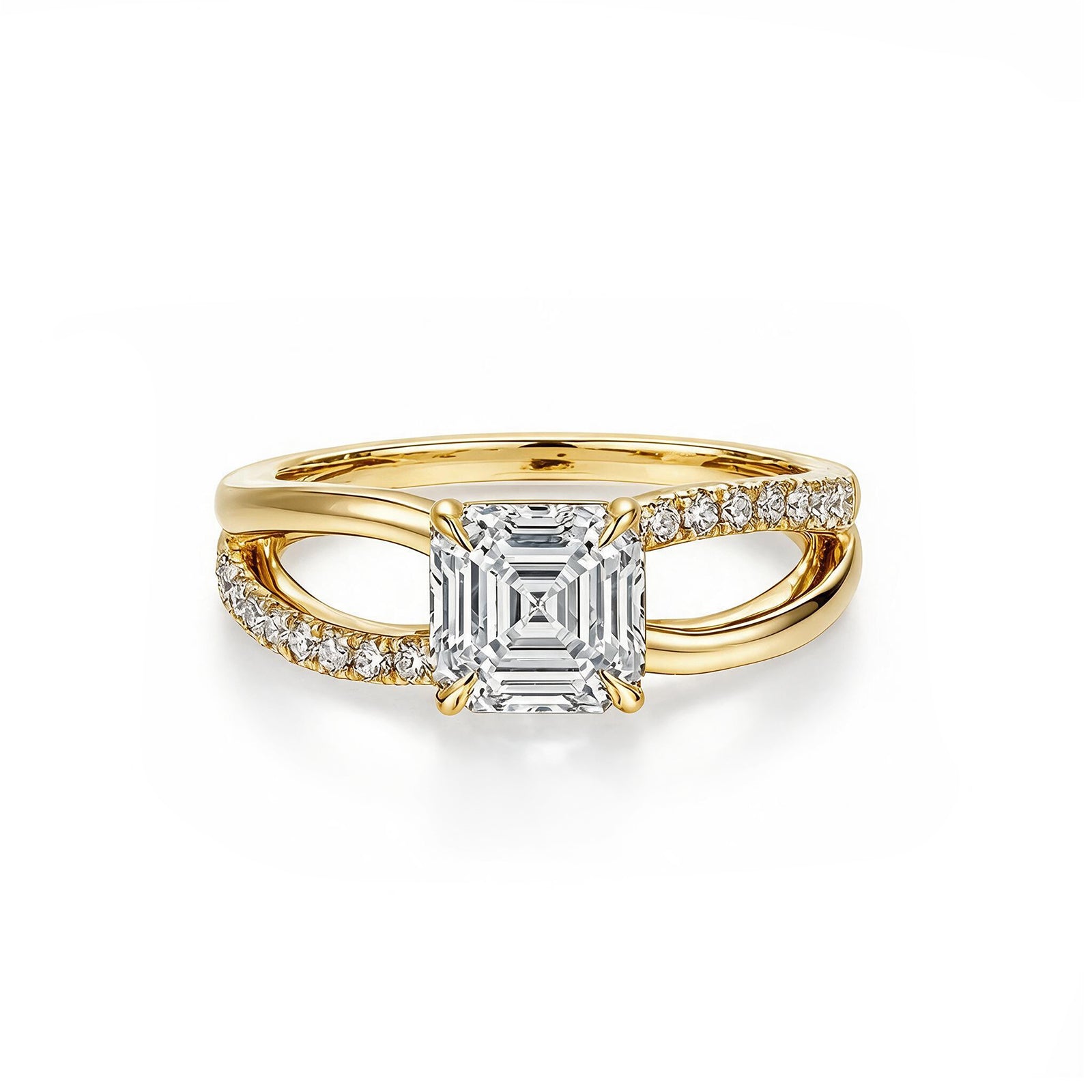 14K White Gold Emerald-Cut Lab-Grown Diamond Pave Double Band Ring