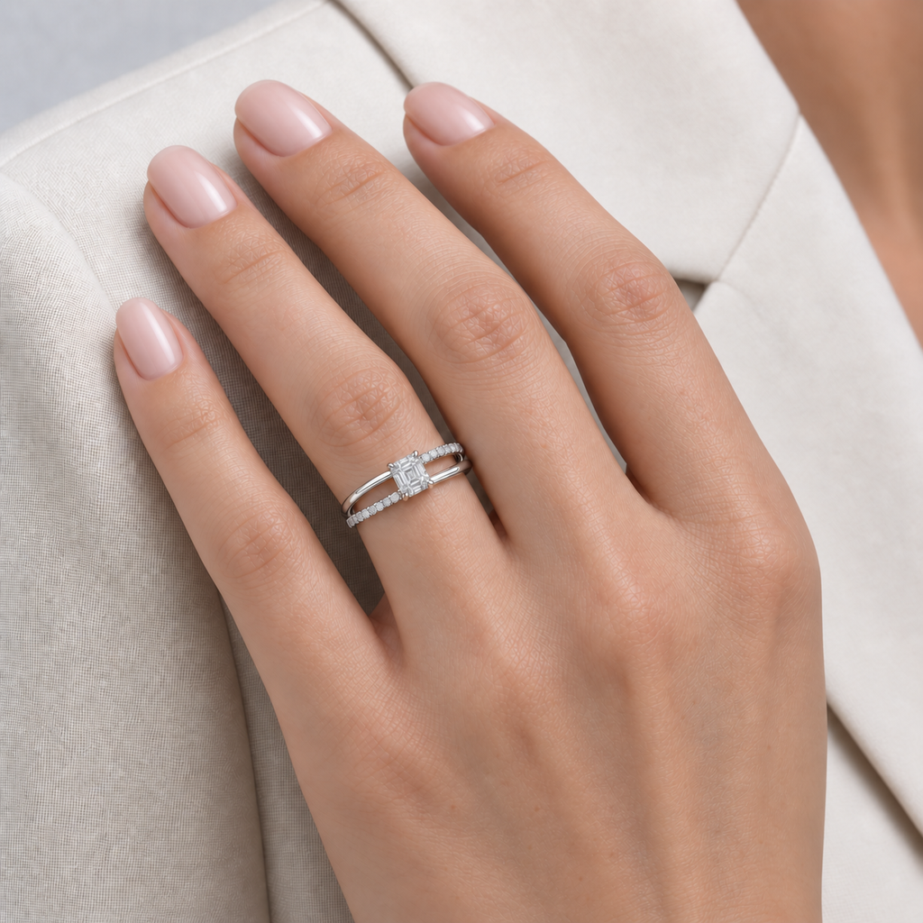 14K White Gold Emerald-Cut Lab-Grown Diamond Pave Double Band Ring