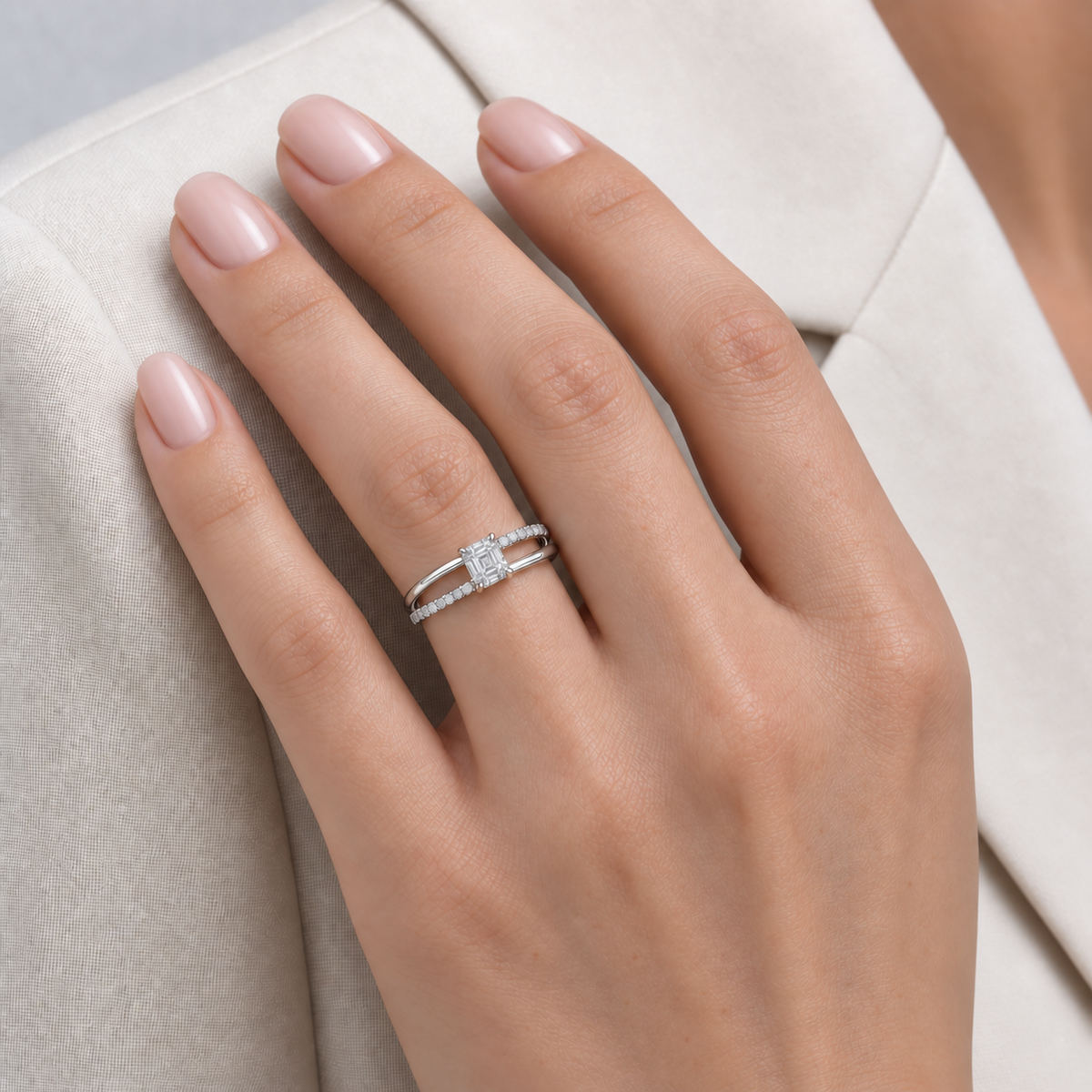 14K White Gold Emerald-Cut Lab-Grown Diamond Pave Double Band Ring