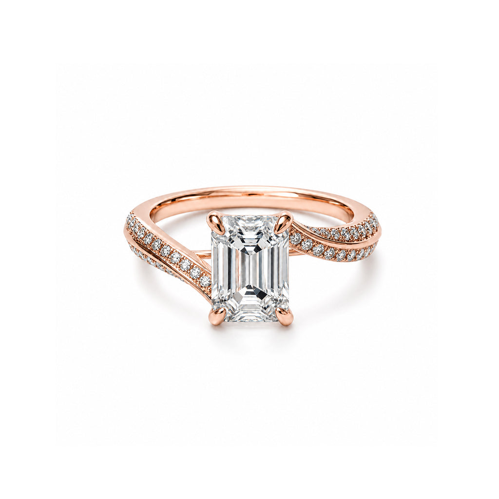 14K White Gold Emerald-Cut Lab-Grown Diamond Four-Prong Split Shank Pave Ring