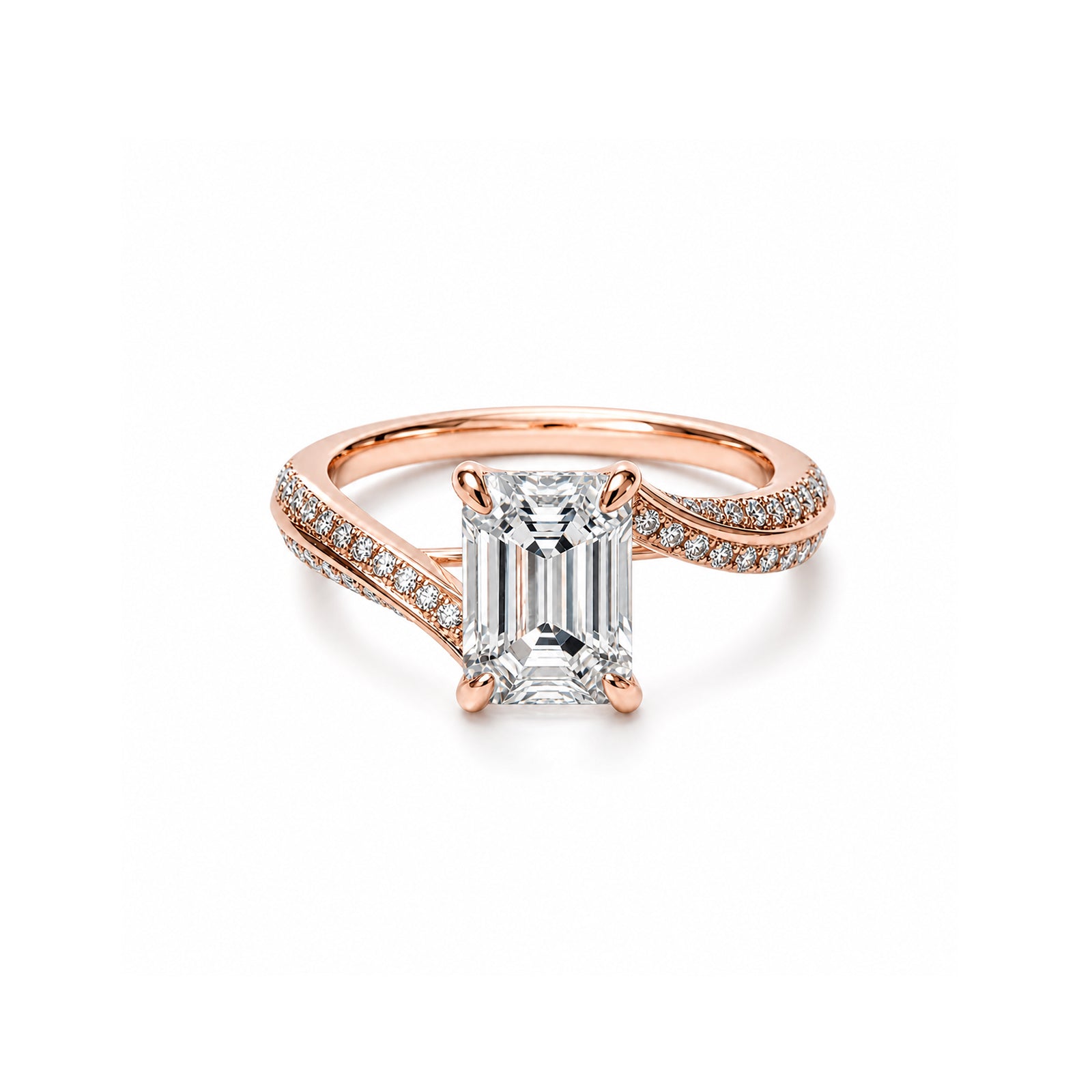 14K White Gold Emerald-Cut Lab-Grown Diamond Four-Prong Split Shank Pave Ring