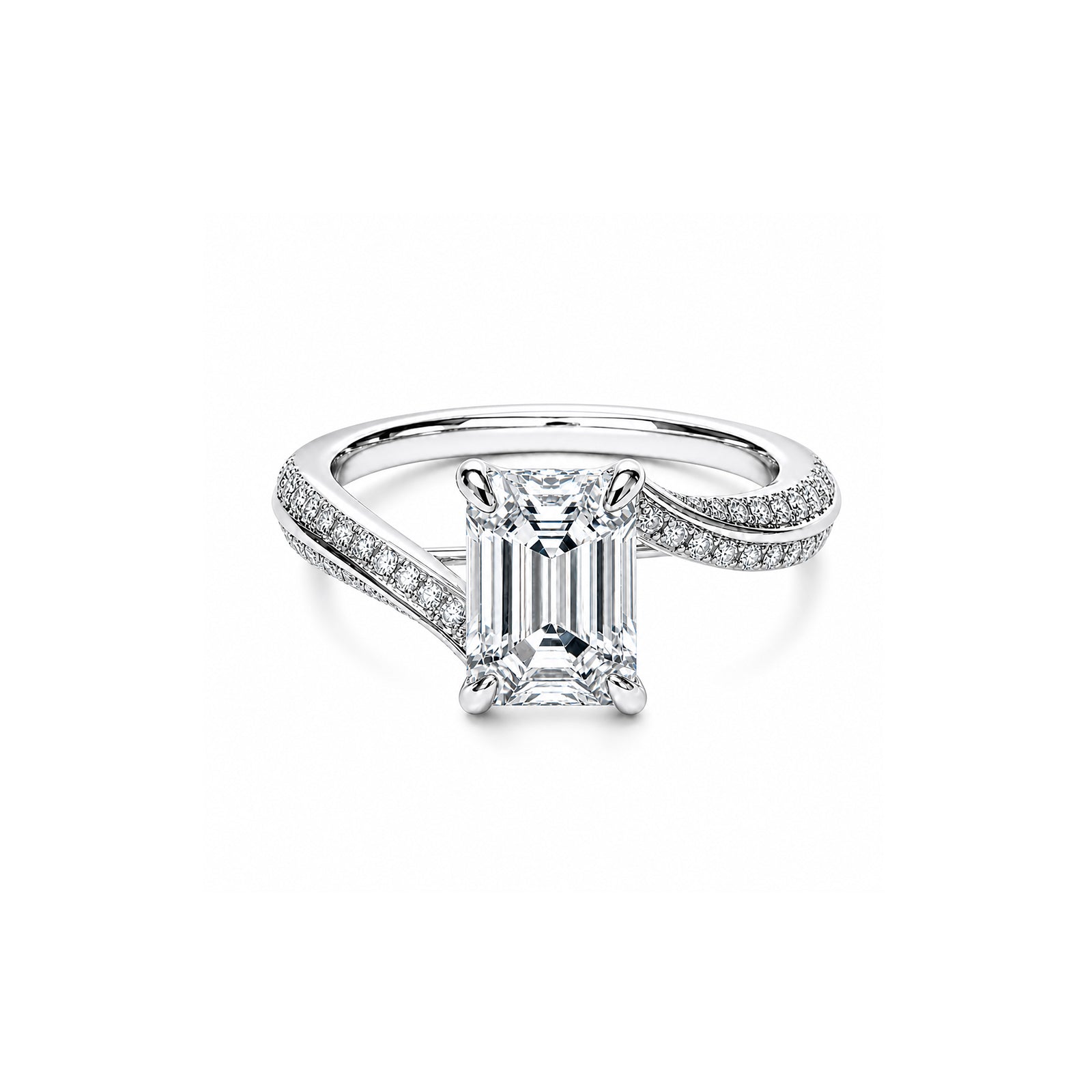 14K White Gold Emerald-Cut Lab-Grown Diamond Four-Prong Split Shank Pave Ring