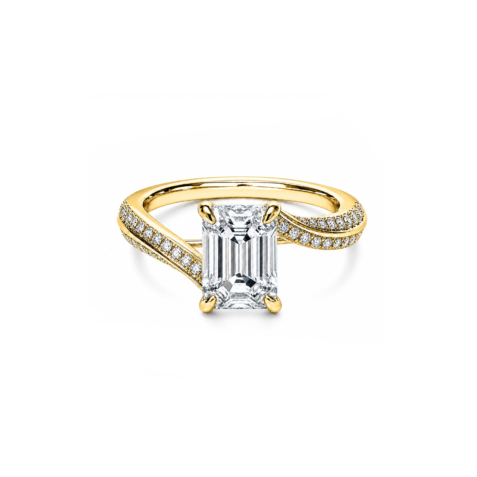 14K White Gold Emerald-Cut Lab-Grown Diamond Four-Prong Split Shank Pave Ring