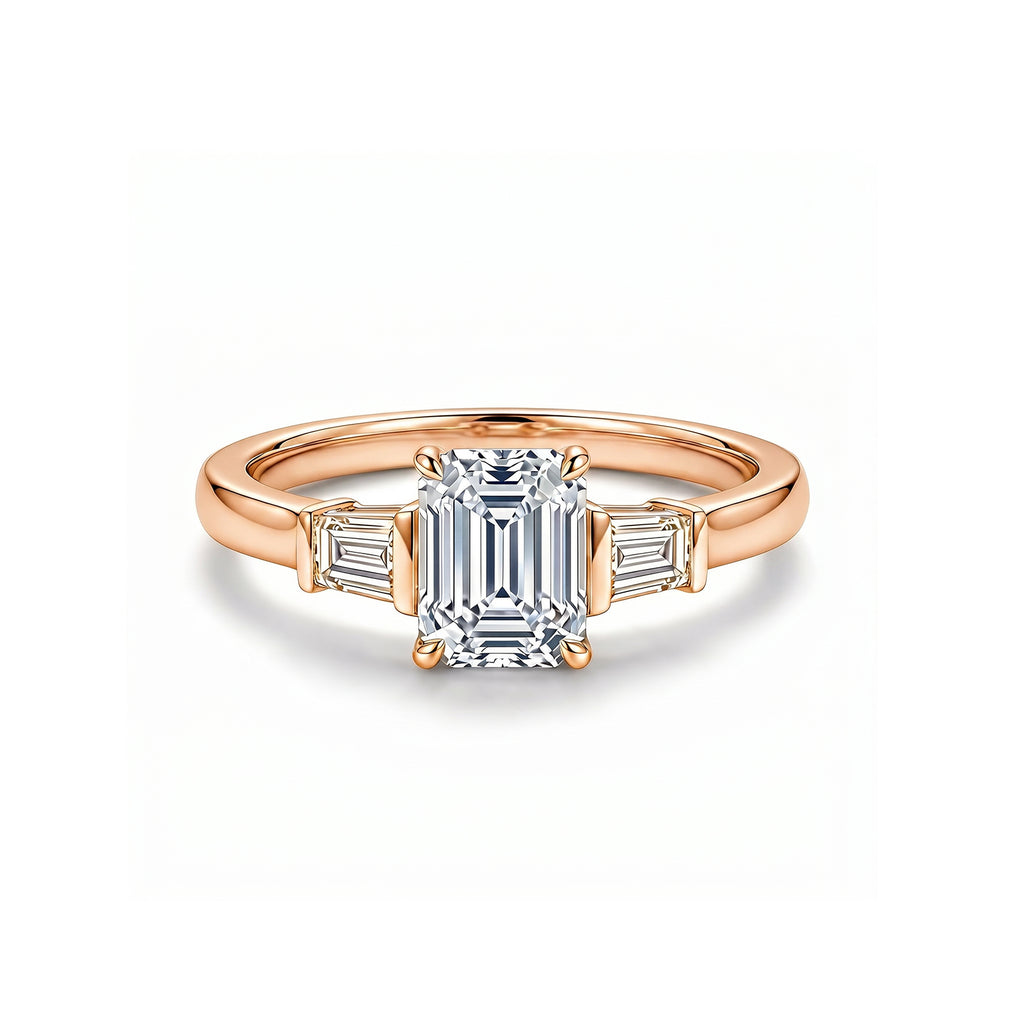 White Gold Emerald Cut Engagement Ring with Baguette Accents