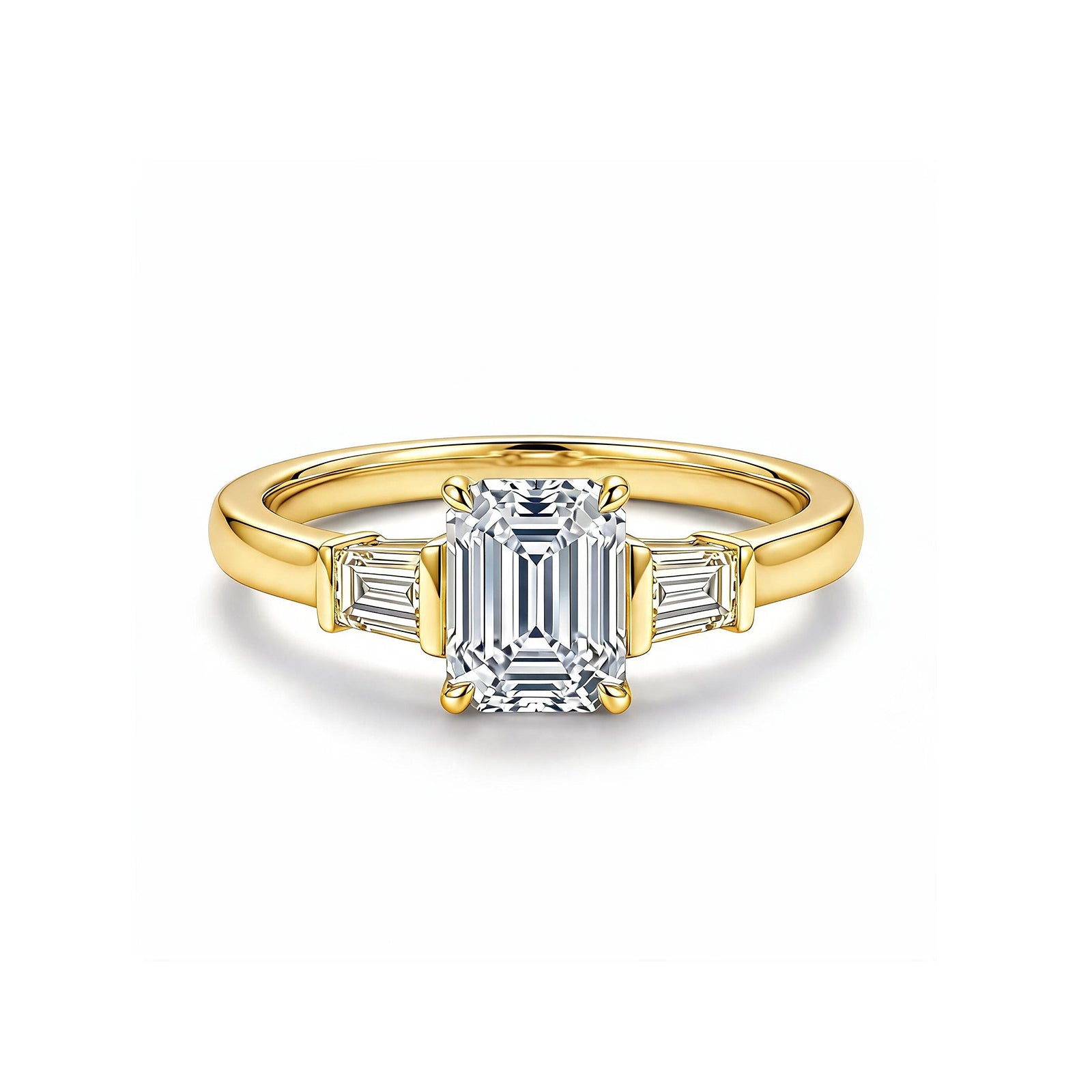 White Gold Emerald Cut Engagement Ring with Baguette Accents