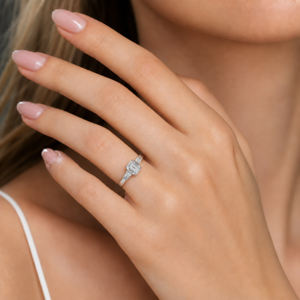 White Gold Emerald Cut Engagement Ring with Baguette Accents